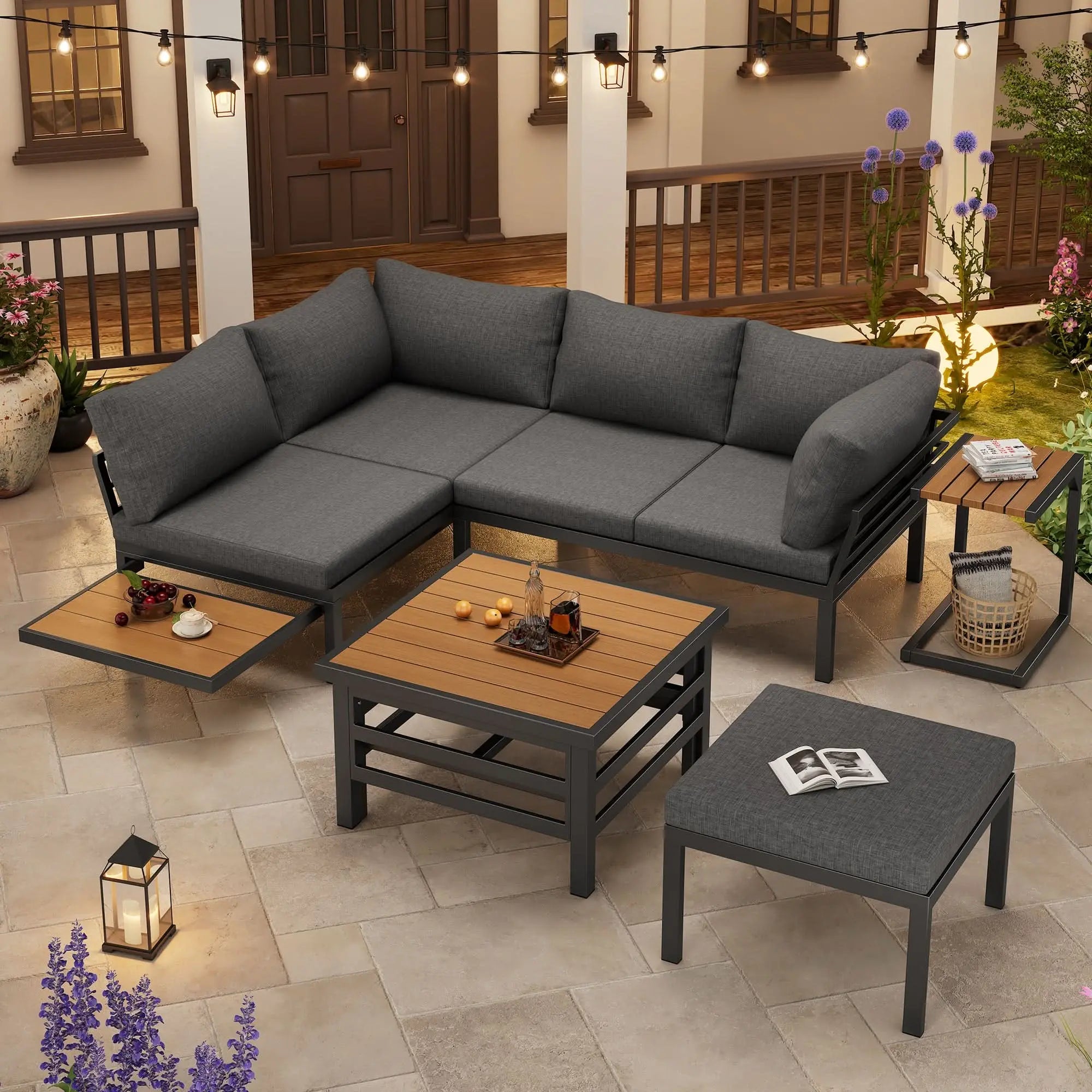 Outdoor Patio Furniture Set  2 Double Sofas  1 Ottoman , 1 Plastic Lift-Top Coffee Table, Galvanized Iron Frame, With Seat Cushions & Pillows, Includes Small Side Table With Extendable Tabletop Haslam Living