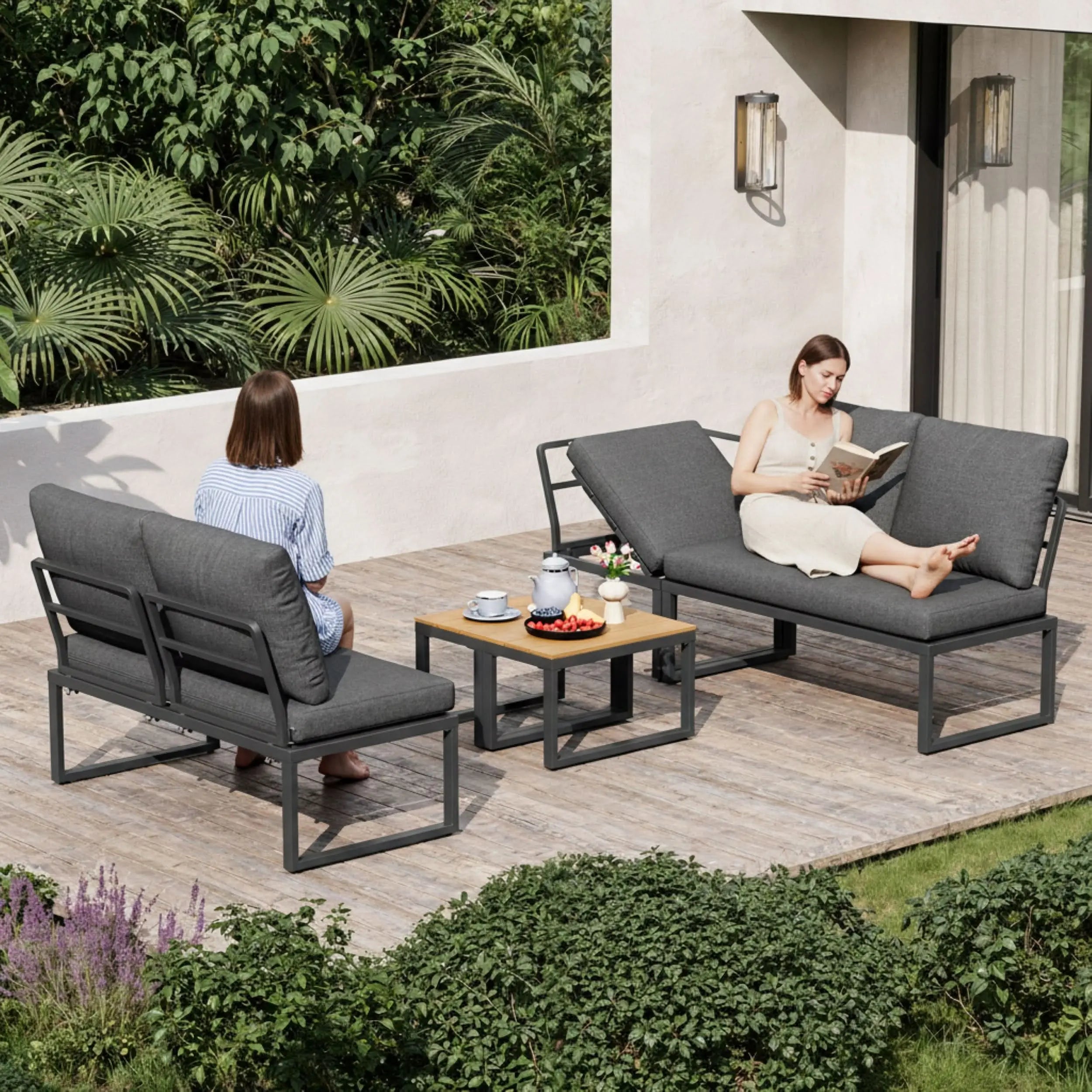 4-5 Seater Garden Outdoor Set With Flexibly Convertible Plastic Wood Tables, Adjustable Corner Sofa And Lounge Chair, Weather-Resistant Patio Furniture For Garden, Balcony And Terrace, Linen, Grey Haslam Living