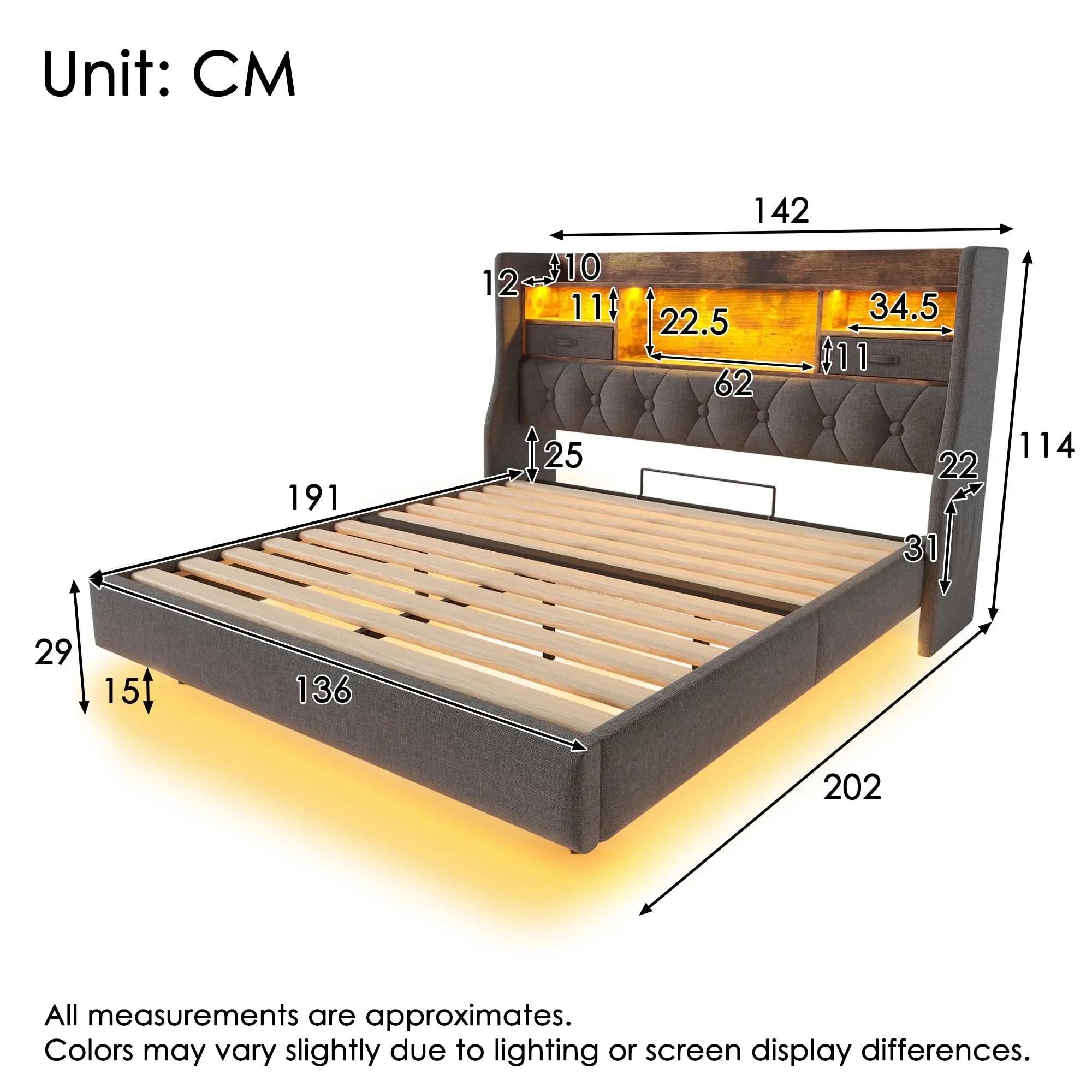 Upholstered Bed 4ft6 Floating Bed With LED Lighting, USB Type-C Charging, Storage Headboard For Cellphones And Tablets, Double Bed With Metal Slatted Frame, Linen, Grey No Mattress Haslam Living