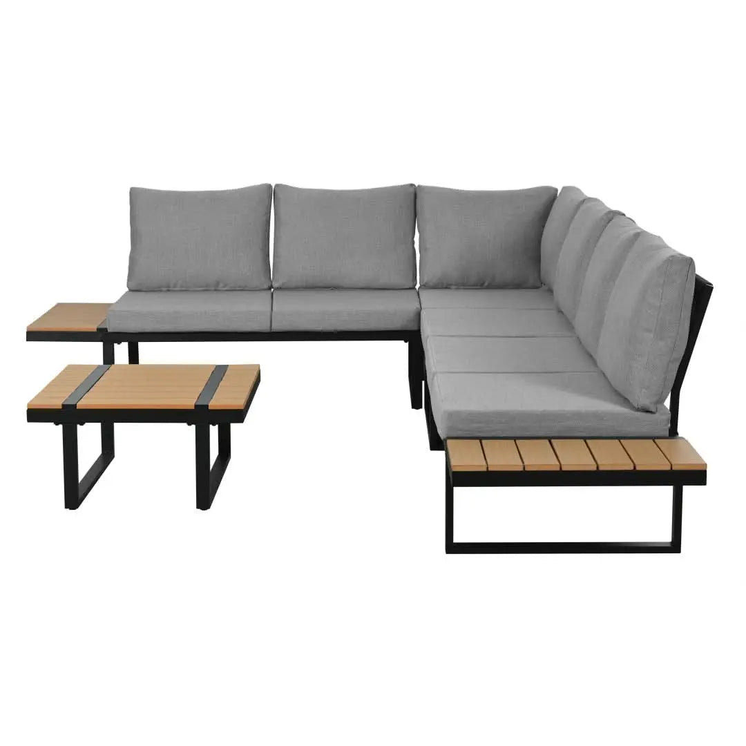 5-6 Seater Garden Lounge Set, Galvanized Iron Frame Outdoor Patio Furniture, 5-Piece Set, Reclining & Adjustable Seating, WPC Tabletop Table Included, Grey Fabric  Gray Frame Haslam Living