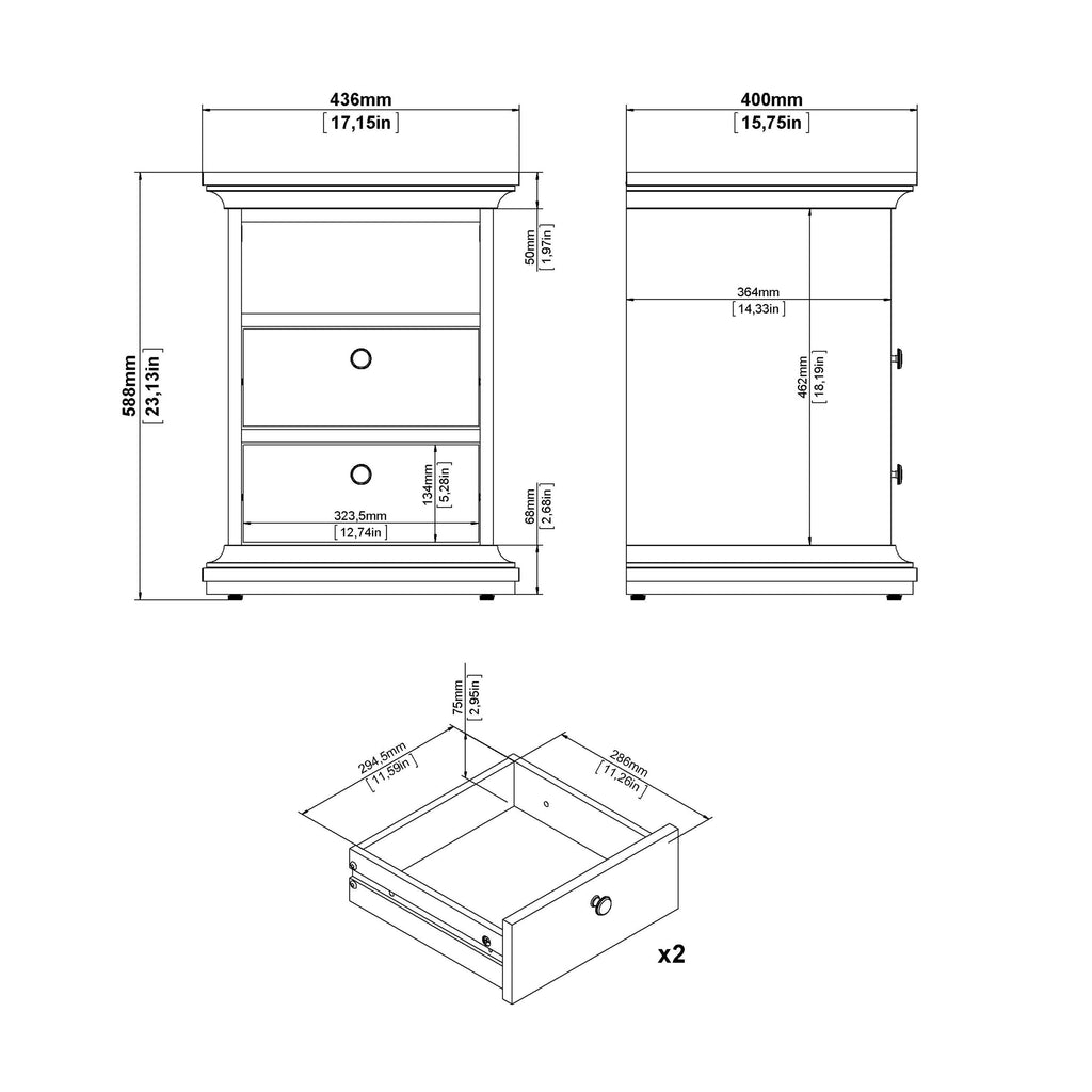 Paris Package - Bedside 2 Drawers + Chest of 4 Drawers + Wardrobe with 2 Doors White - image 5