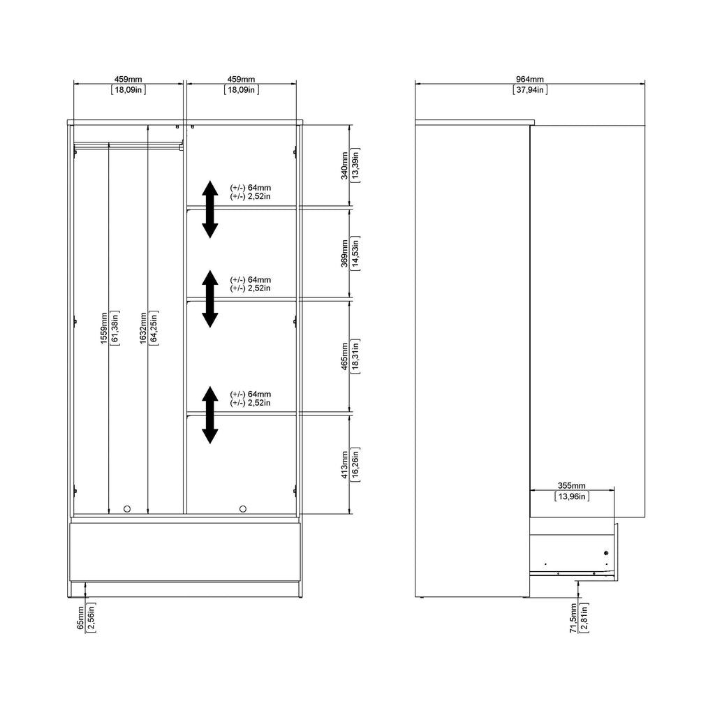 Naia Wardrobe with 2 Doors 1 Drawer in White High Gloss - image 10
