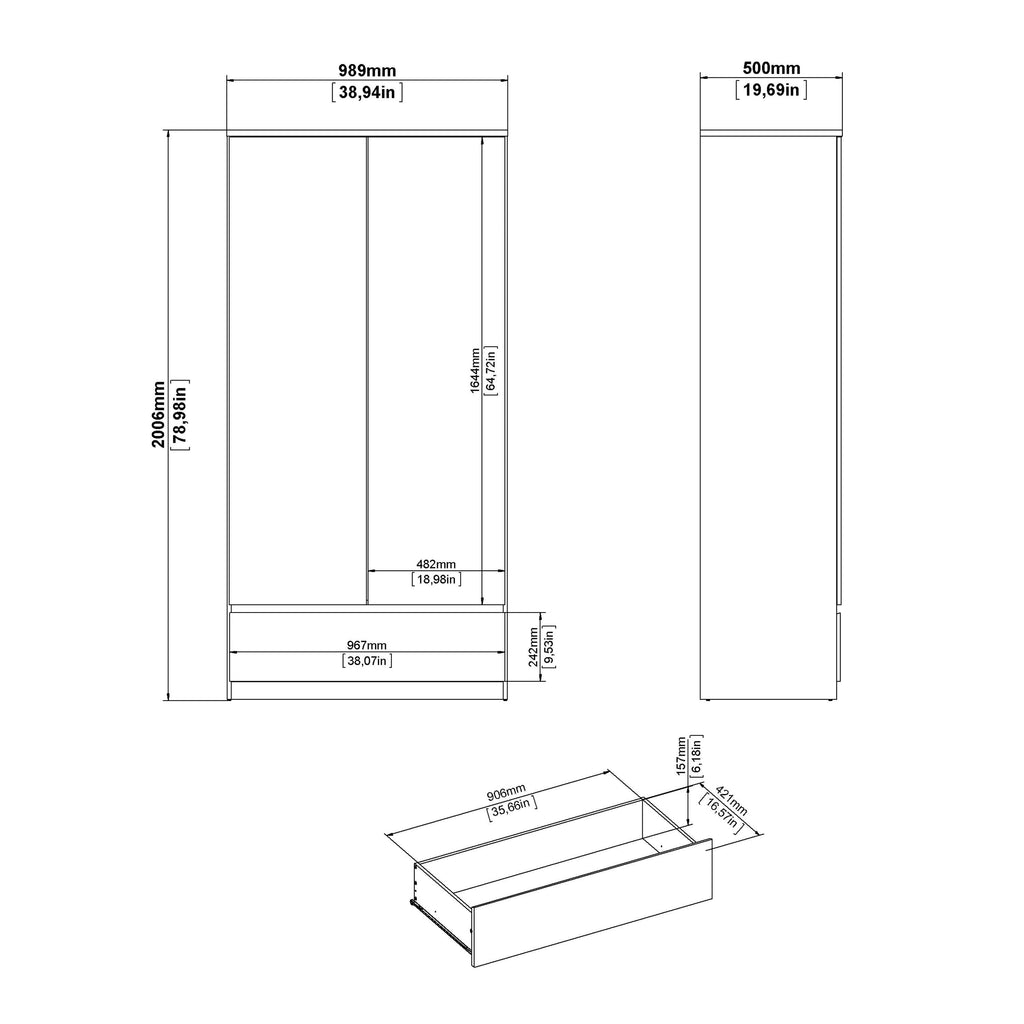 Naia Wardrobe with 2 Doors 1 Drawer in White High Gloss - image 9