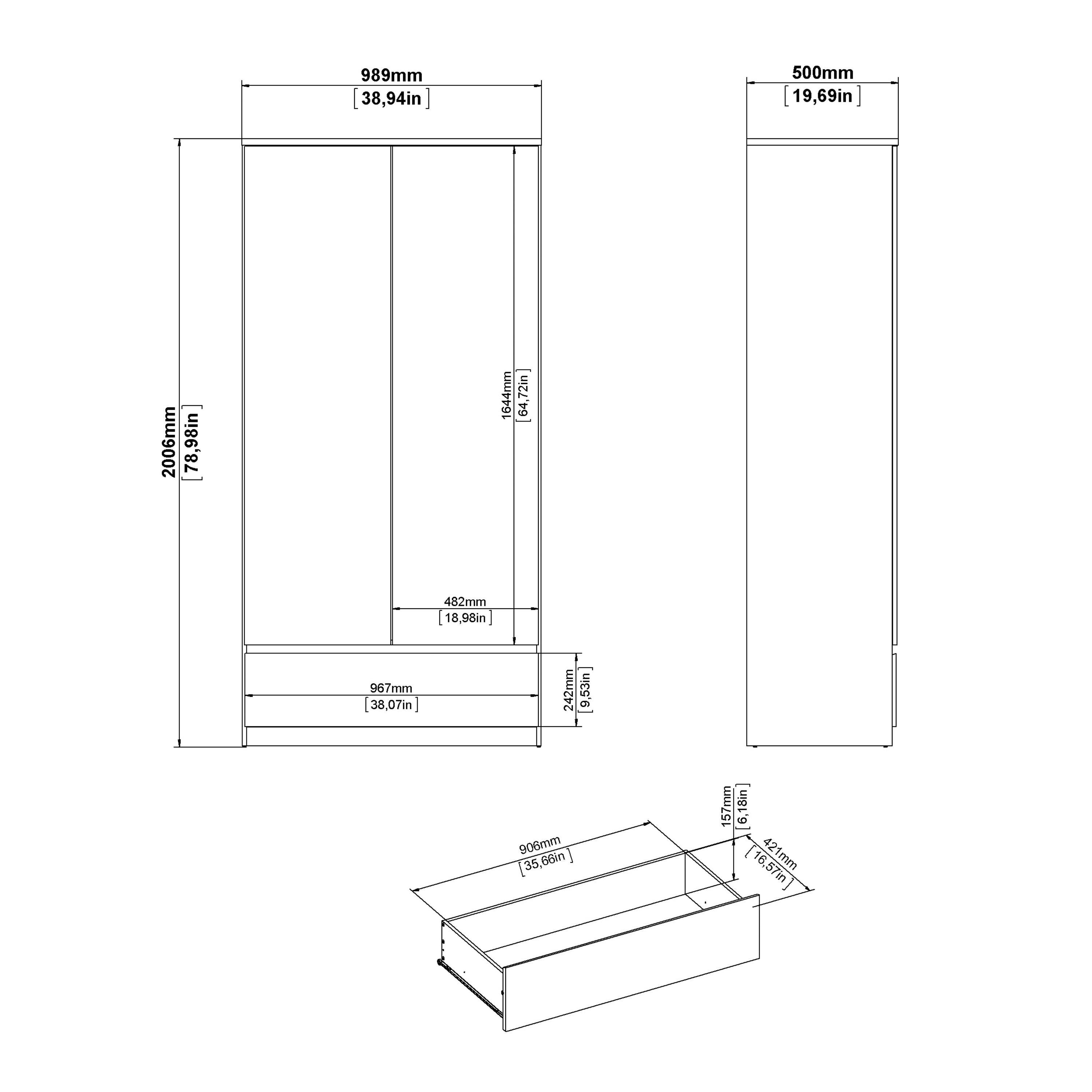 Naia Wardrobe with 2 Doors 1 Drawer in White High Gloss - image 9