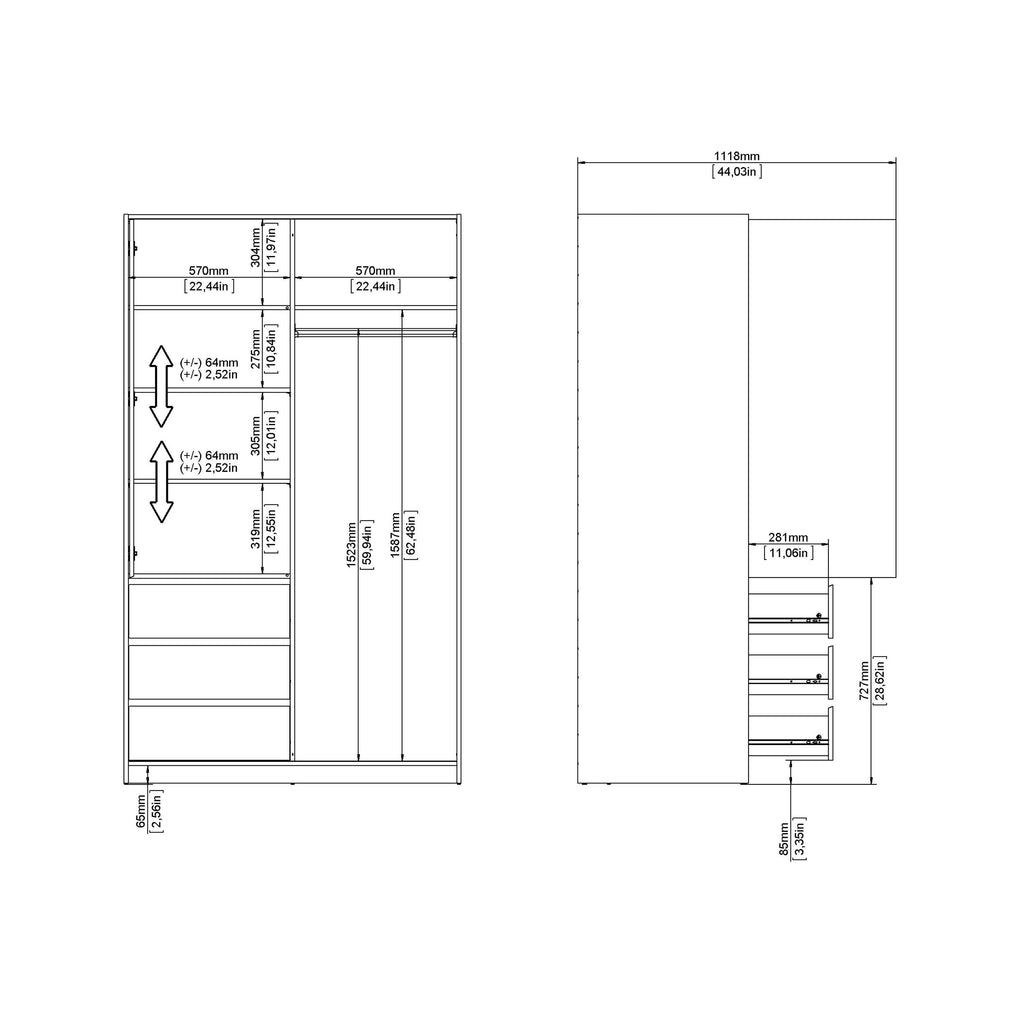 Naia Wardrobe with 1 Sliding Door and 1 Door + 3 Drawers in White - image 11