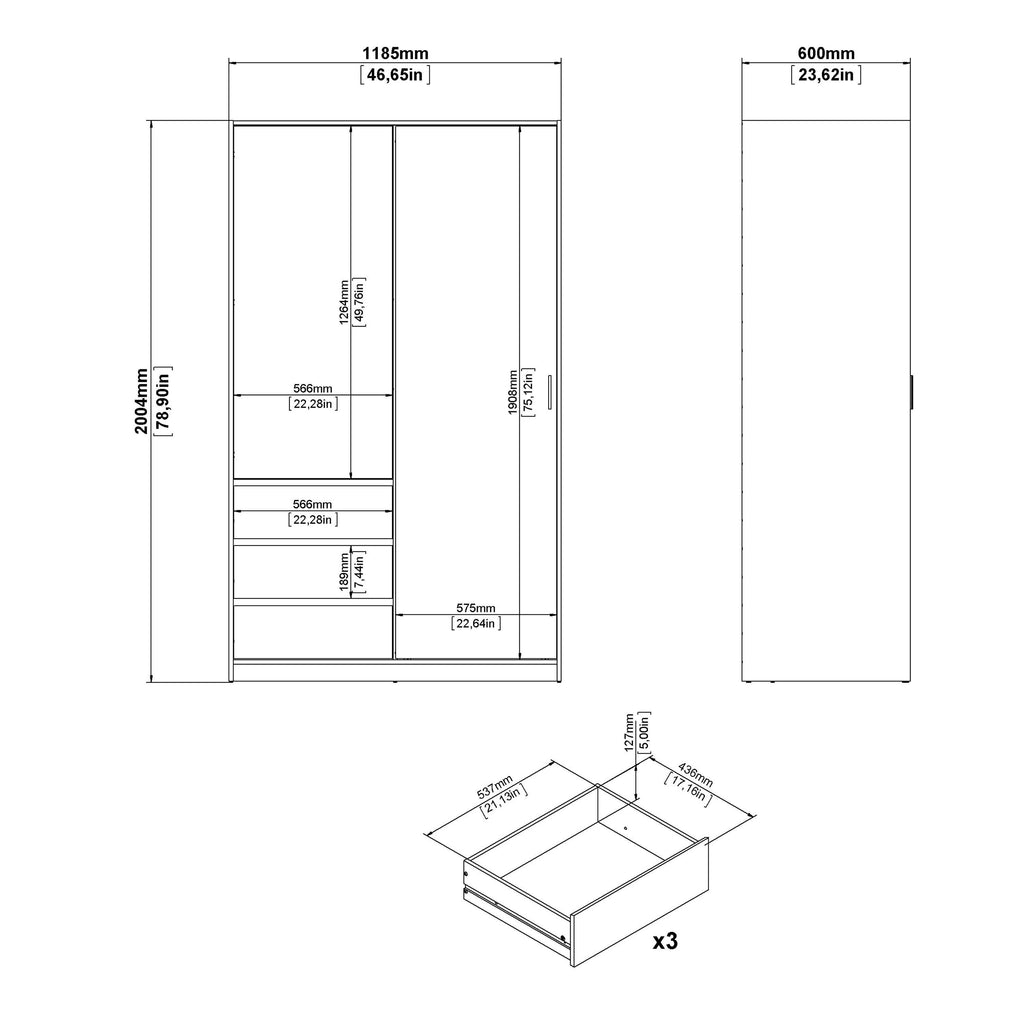 Naia Wardrobe with 1 Sliding Door 1 Door 3 Drawers in Jackson Hickory Oak - image 9