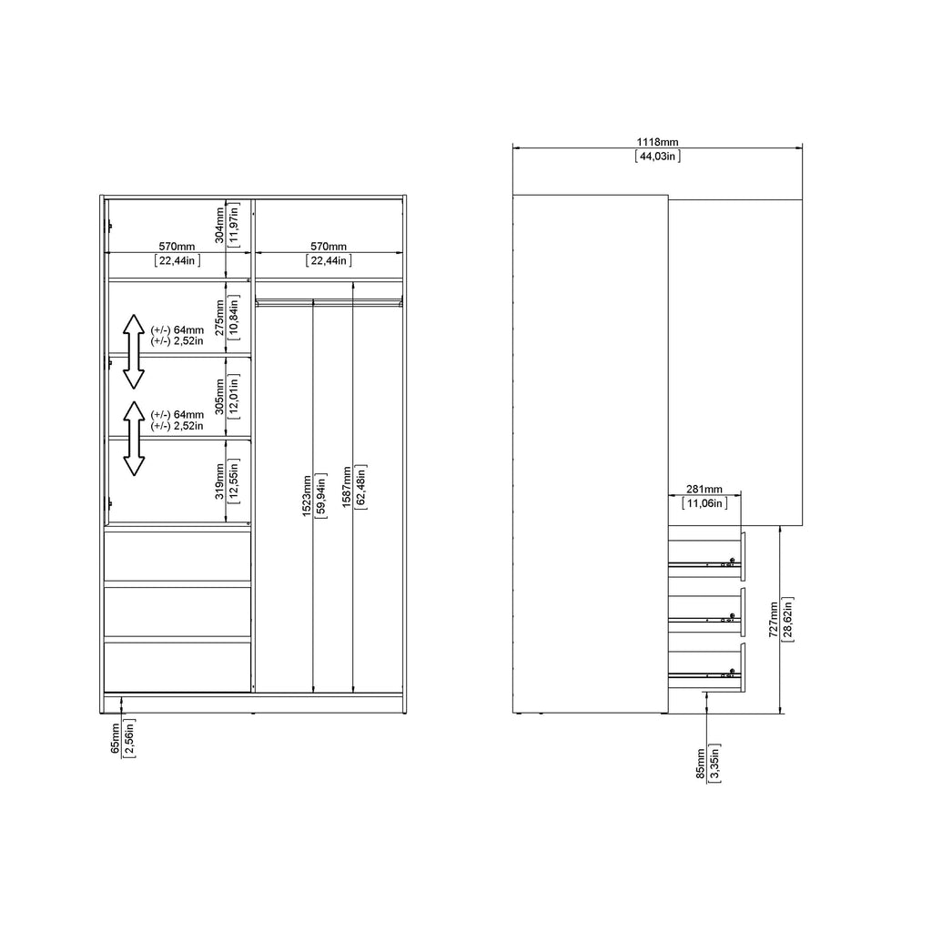 Naia Wardrobe with 1 Sliding Door 1 Door 3 Drawers in White High Gloss - image 11