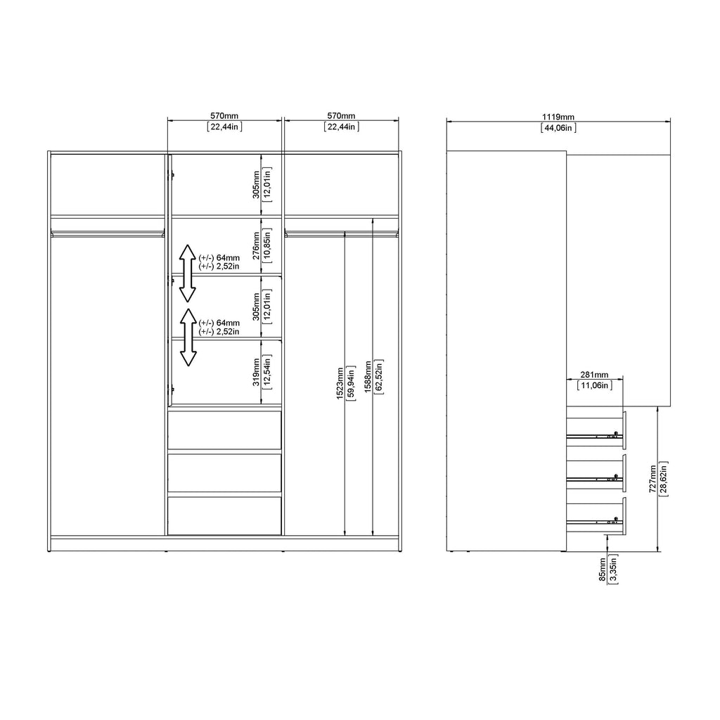 Naia Wardrobe with 2 Sliding Doors + 1 Door + 3 Drawers in White - image 10