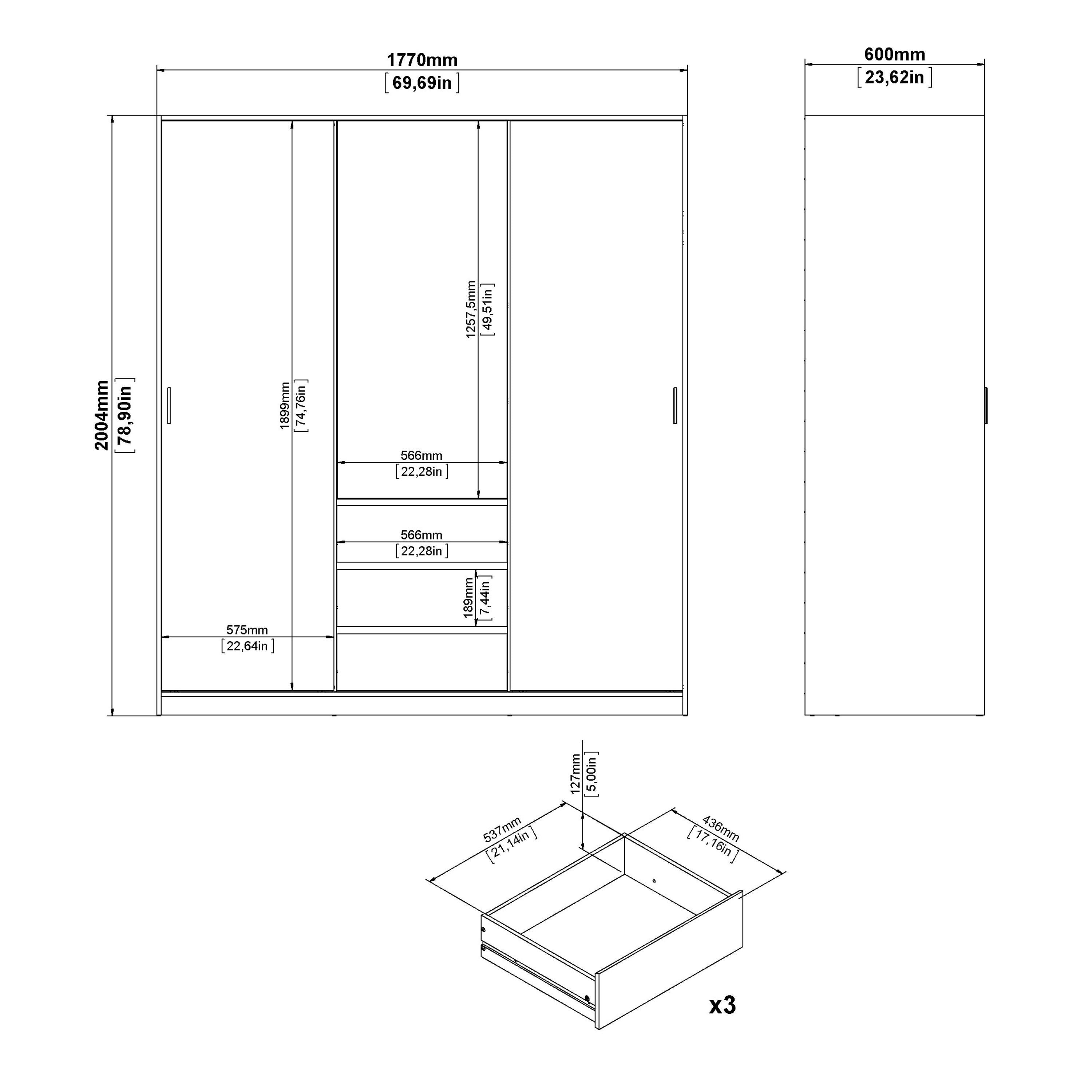 Naia Wardrobe with 2 Sliding Doors + 1 Door + 3 Drawers in White - image 9