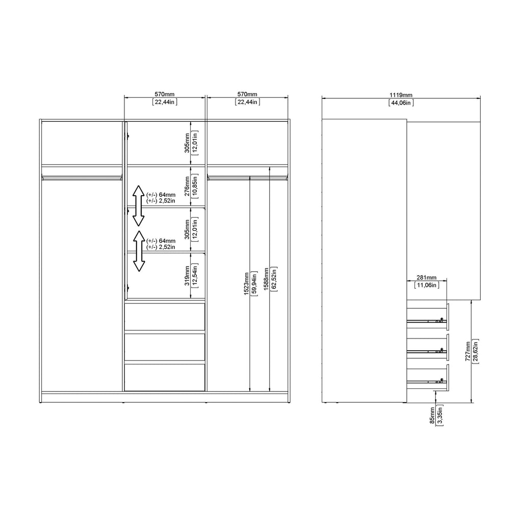 Naia Wardrobe with 2 Sliding Doors 1 Door 3 Drawers in White High Gloss - image 10