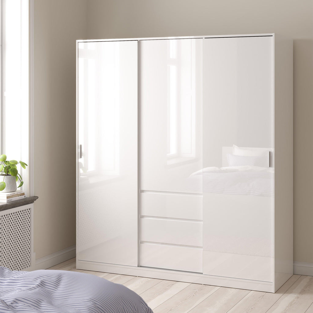 Naia Wardrobe with 2 Sliding Doors 1 Door 3 Drawers in White High Gloss - image 5