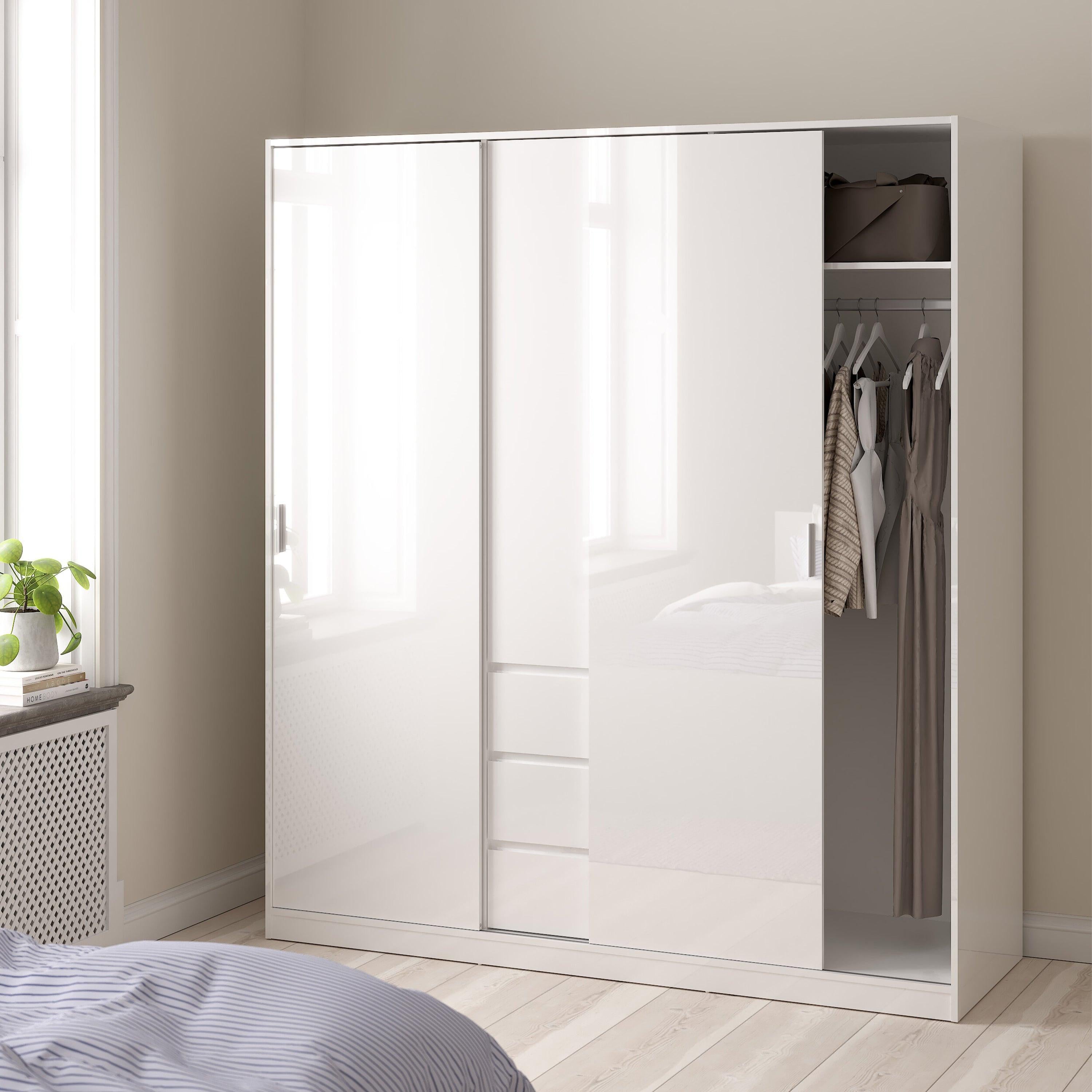 Naia Wardrobe with 2 Sliding Doors 1 Door 3 Drawers in White High Gloss - image 6