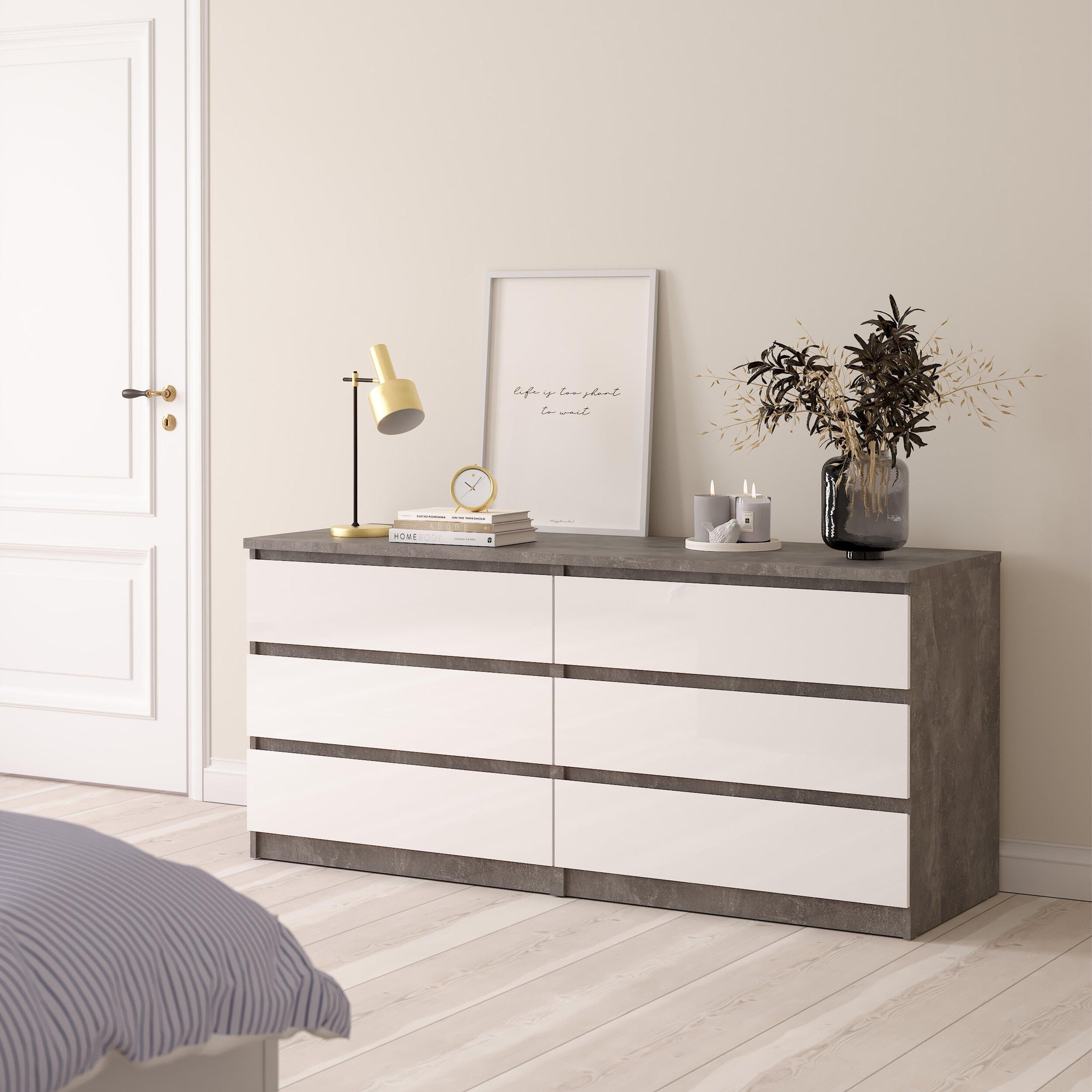 Naia Wide Chest of 6 Drawers (3+3) in Concrete and White High Gloss - image 5