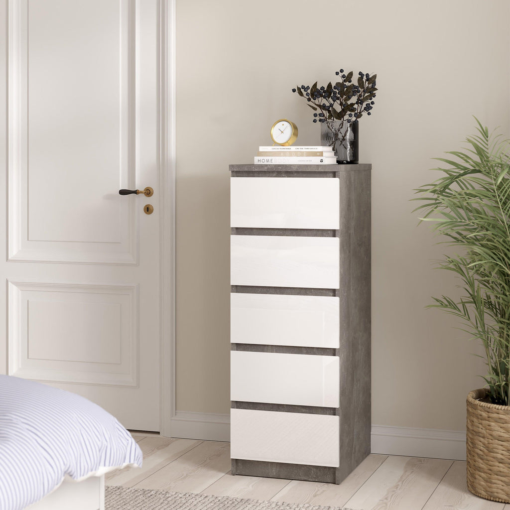 Naia Narrow Chest of 5 Drawers in Concrete and White High Gloss - image 5