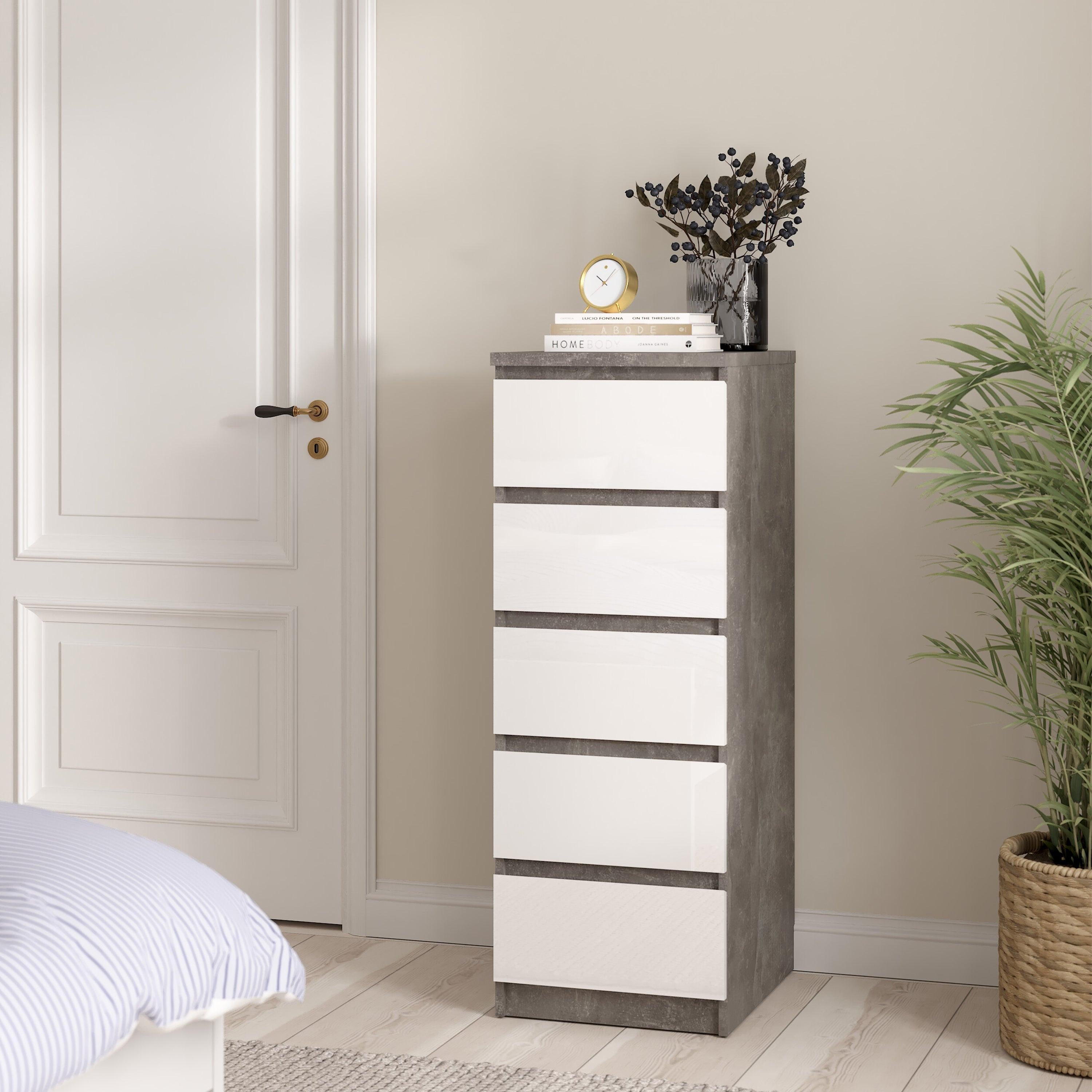 Naia Narrow Chest of 5 Drawers in Concrete and White High Gloss - image 5