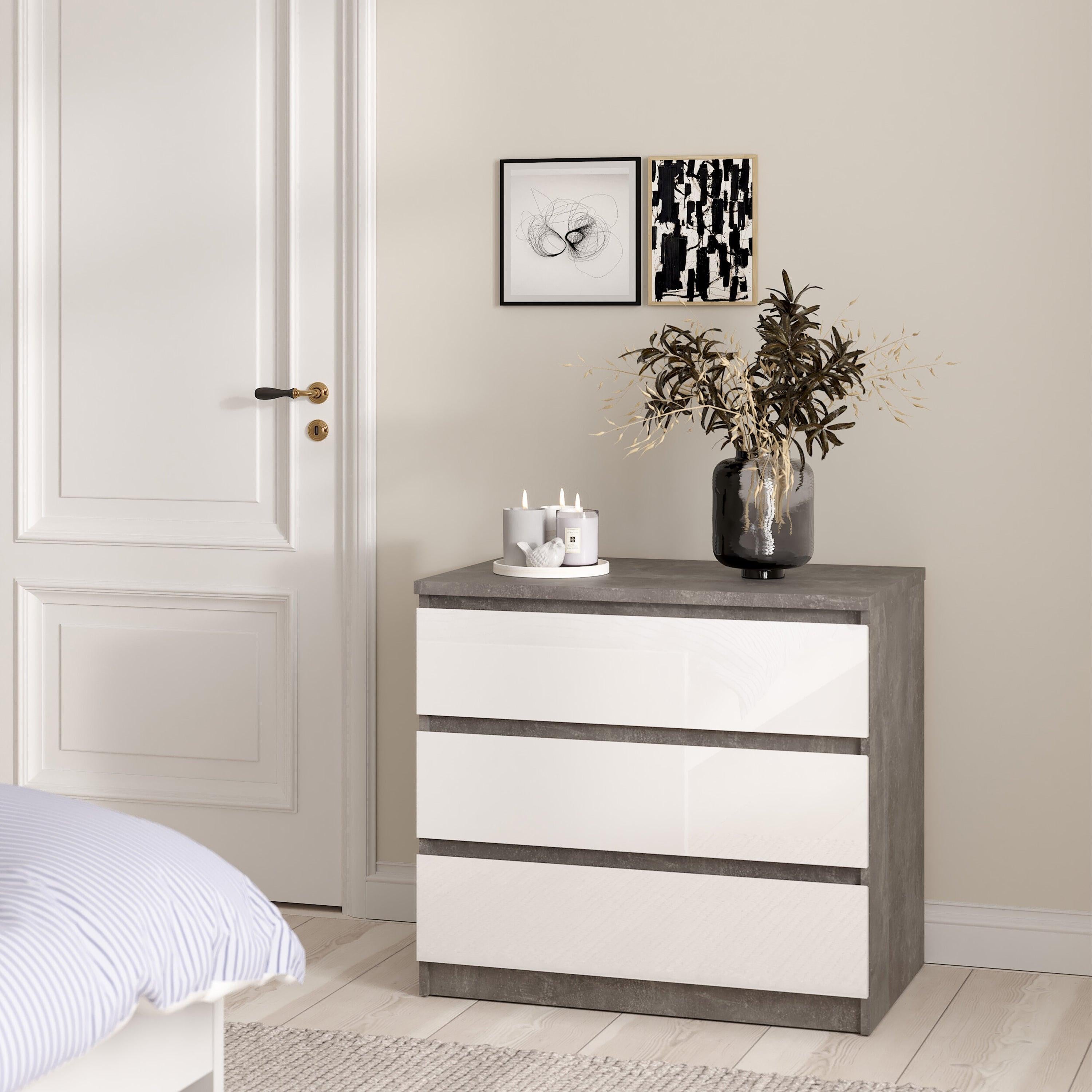 Naia Chest of 3 Drawers in Concrete and White High Gloss - image 5