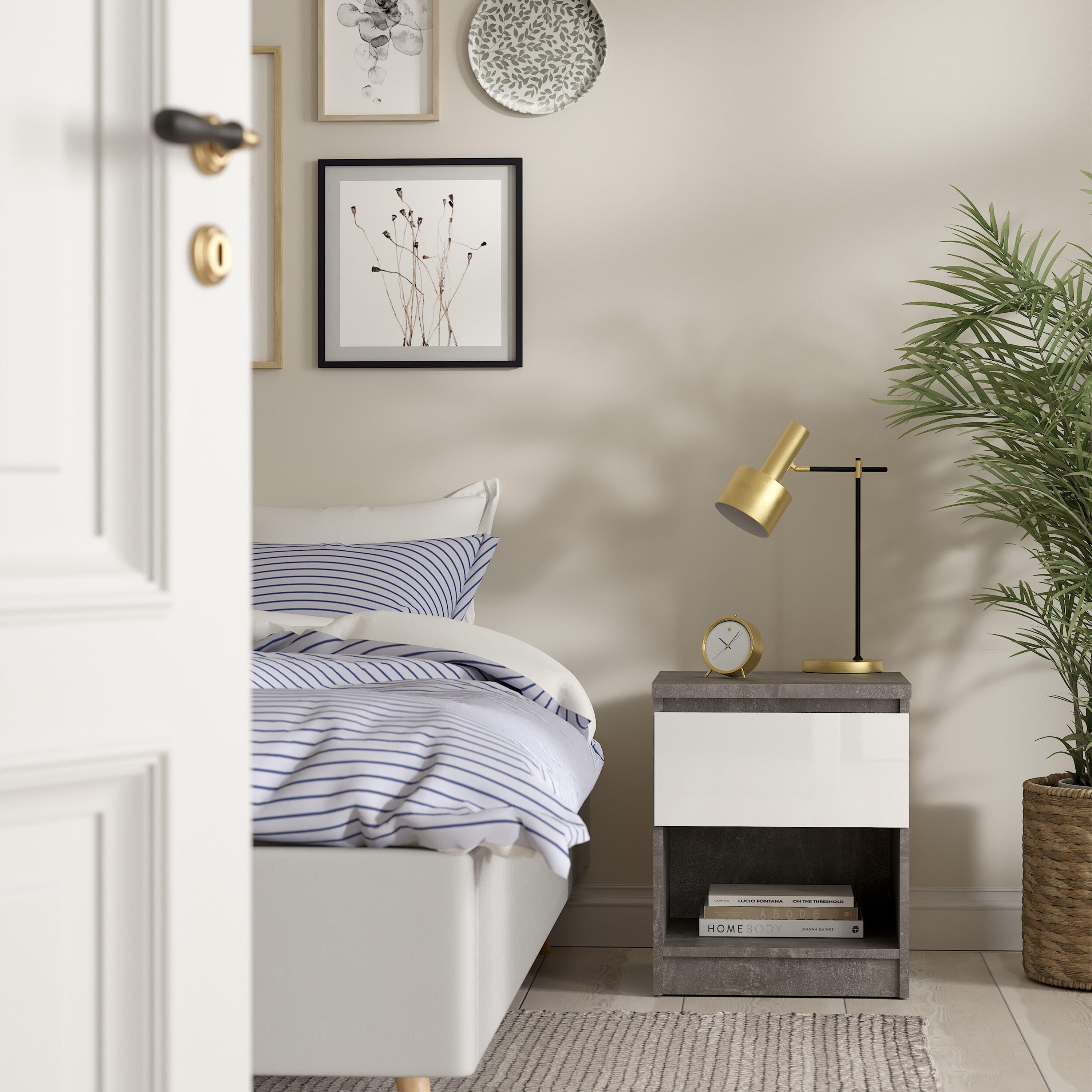 Naia Bedside 1 Drawer 1 Shelf in Concrete and White High Gloss - image 5