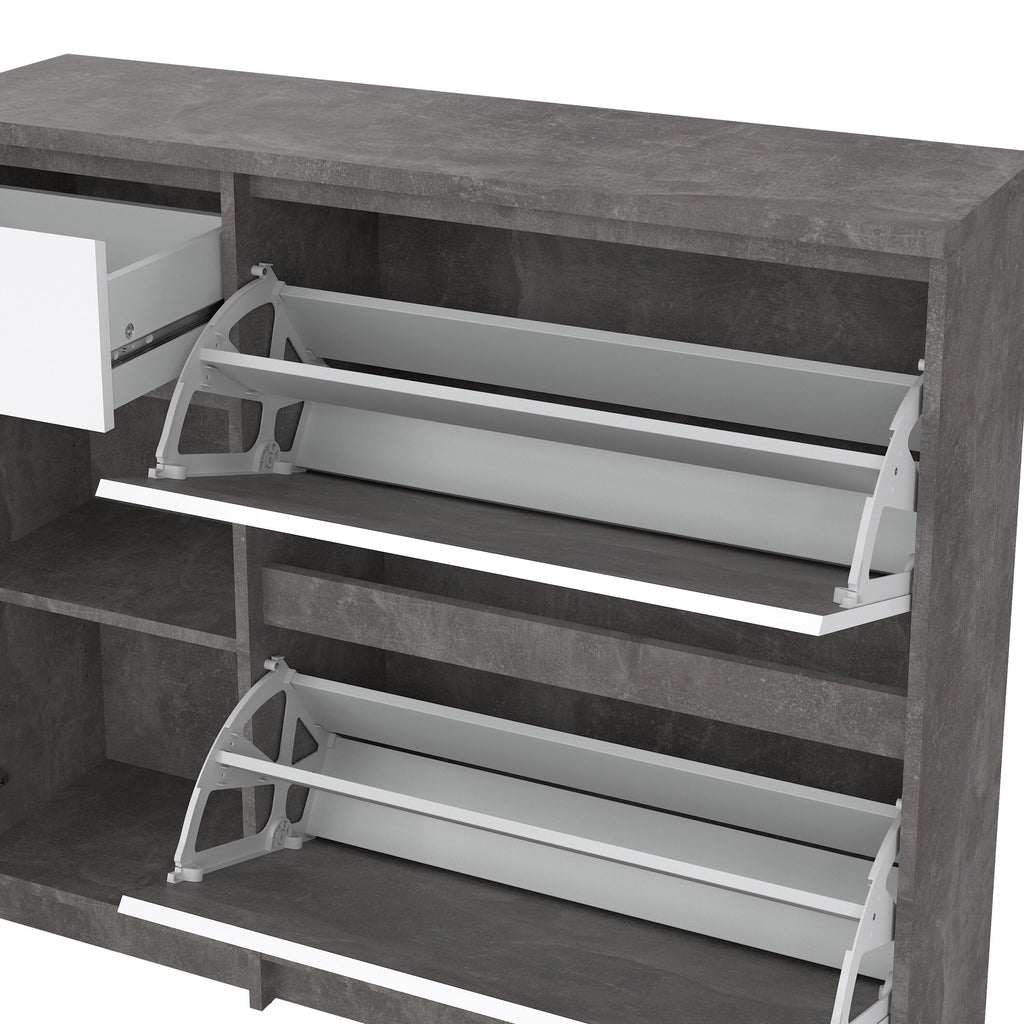 Naia Shoe Cabinet with 2 Flip Down Doors 1 Door and 1 Drawer in Concrete and White High Gloss - image 9