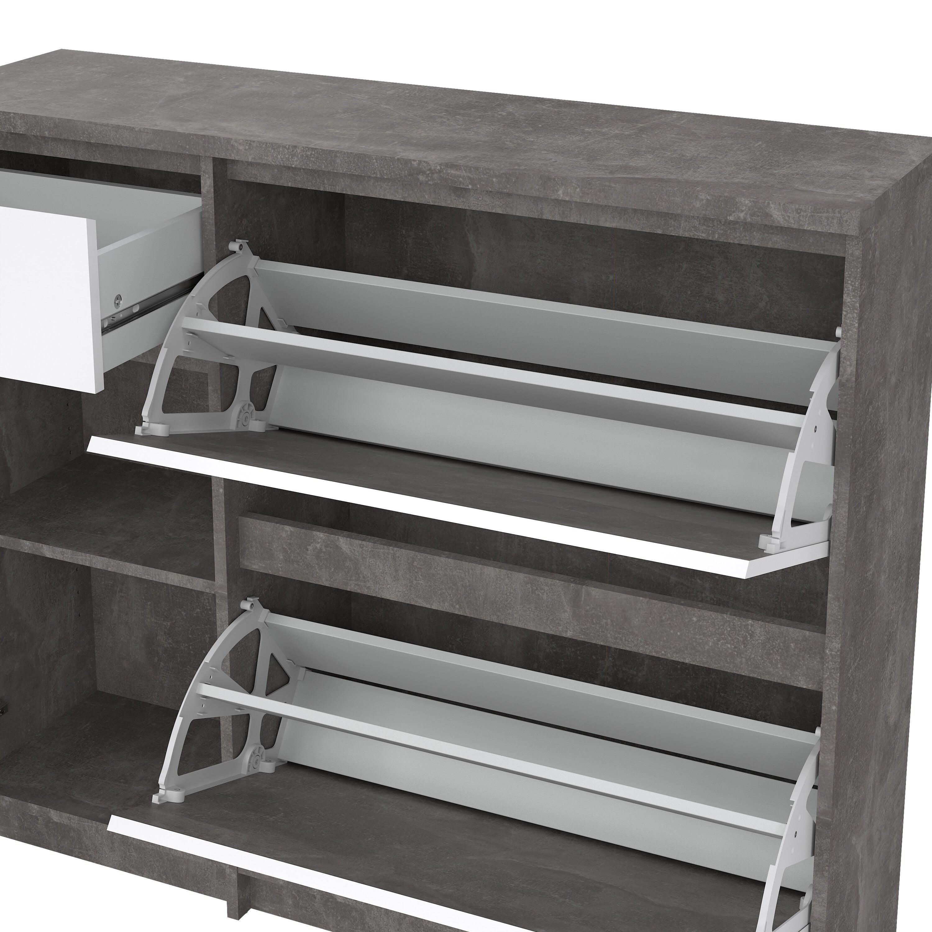 Naia Shoe Cabinet with 2 Flip Down Doors 1 Door and 1 Drawer in Concrete and White High Gloss - image 9