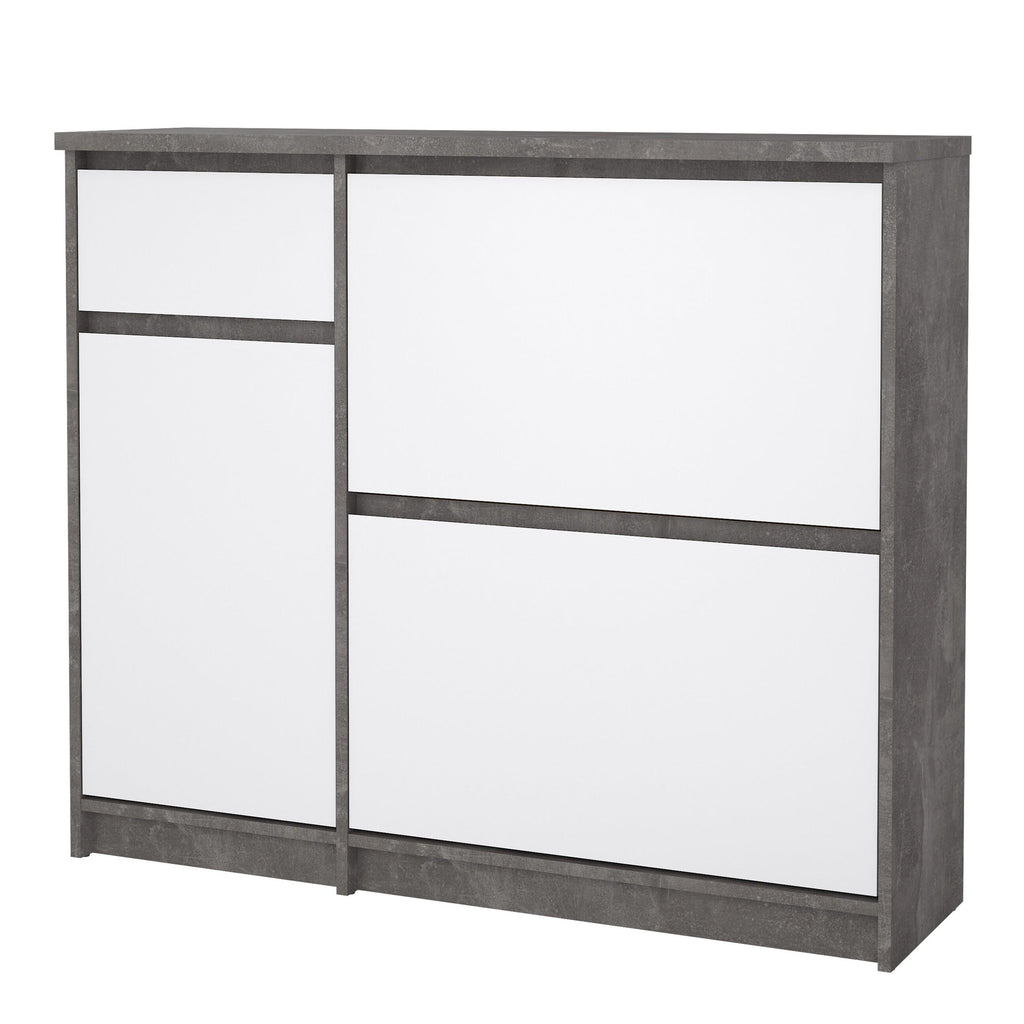 Naia Shoe Cabinet with 2 Flip Down Doors 1 Door and 1 Drawer in Concrete and White High Gloss - image 2