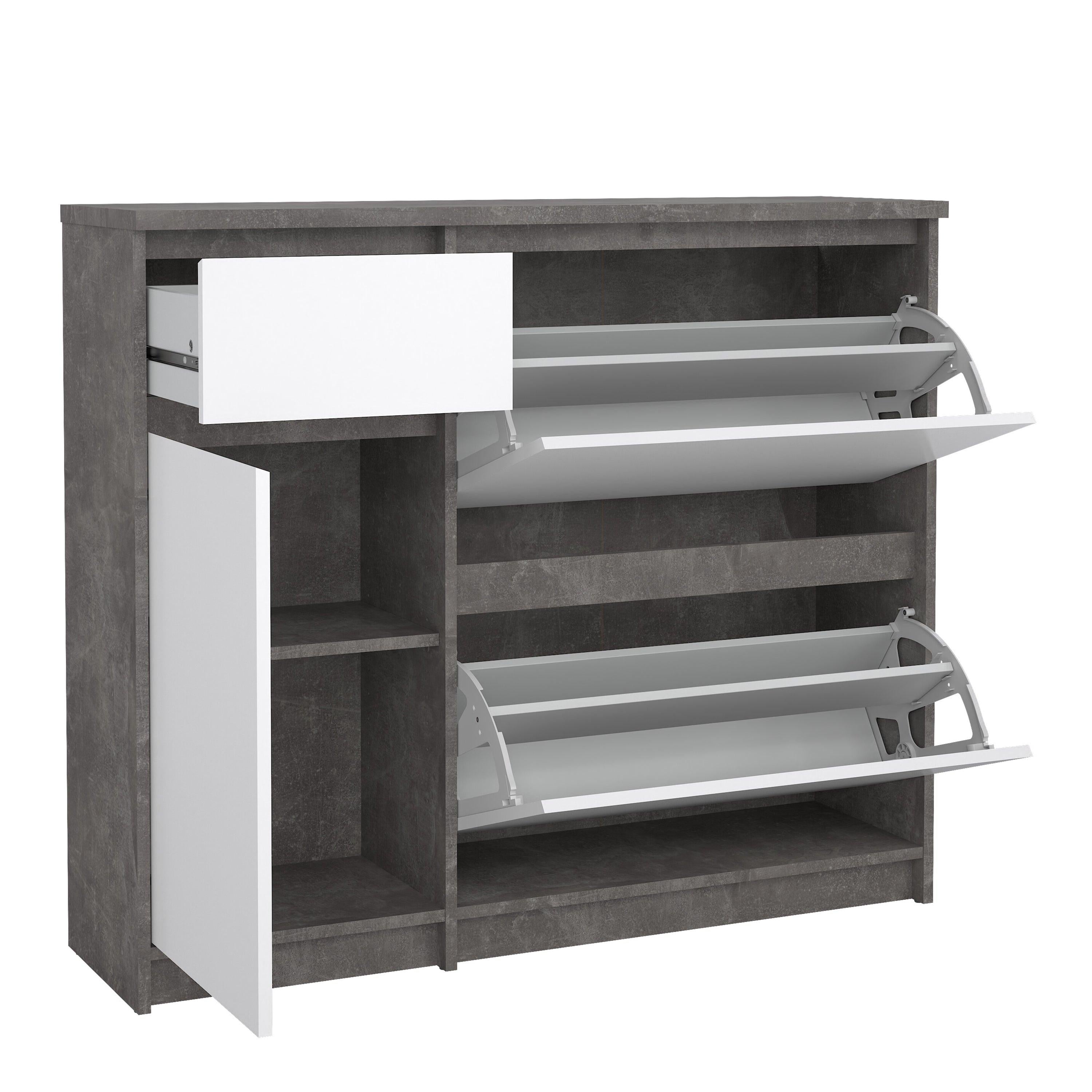 Naia Shoe Cabinet with 2 Flip Down Doors 1 Door and 1 Drawer in Concrete and White High Gloss - image 4