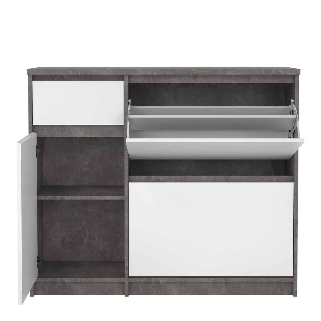 Naia Shoe Cabinet with 2 Flip Down Doors 1 Door and 1 Drawer in Concrete and White High Gloss - image 5