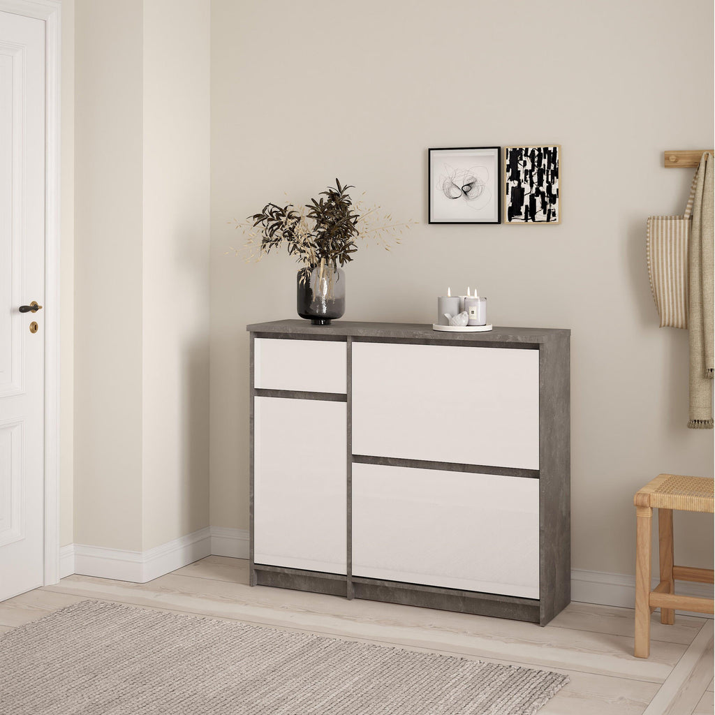 Naia Shoe Cabinet with 2 Flip Down Doors 1 Door and 1 Drawer in Concrete and White High Gloss - image 6
