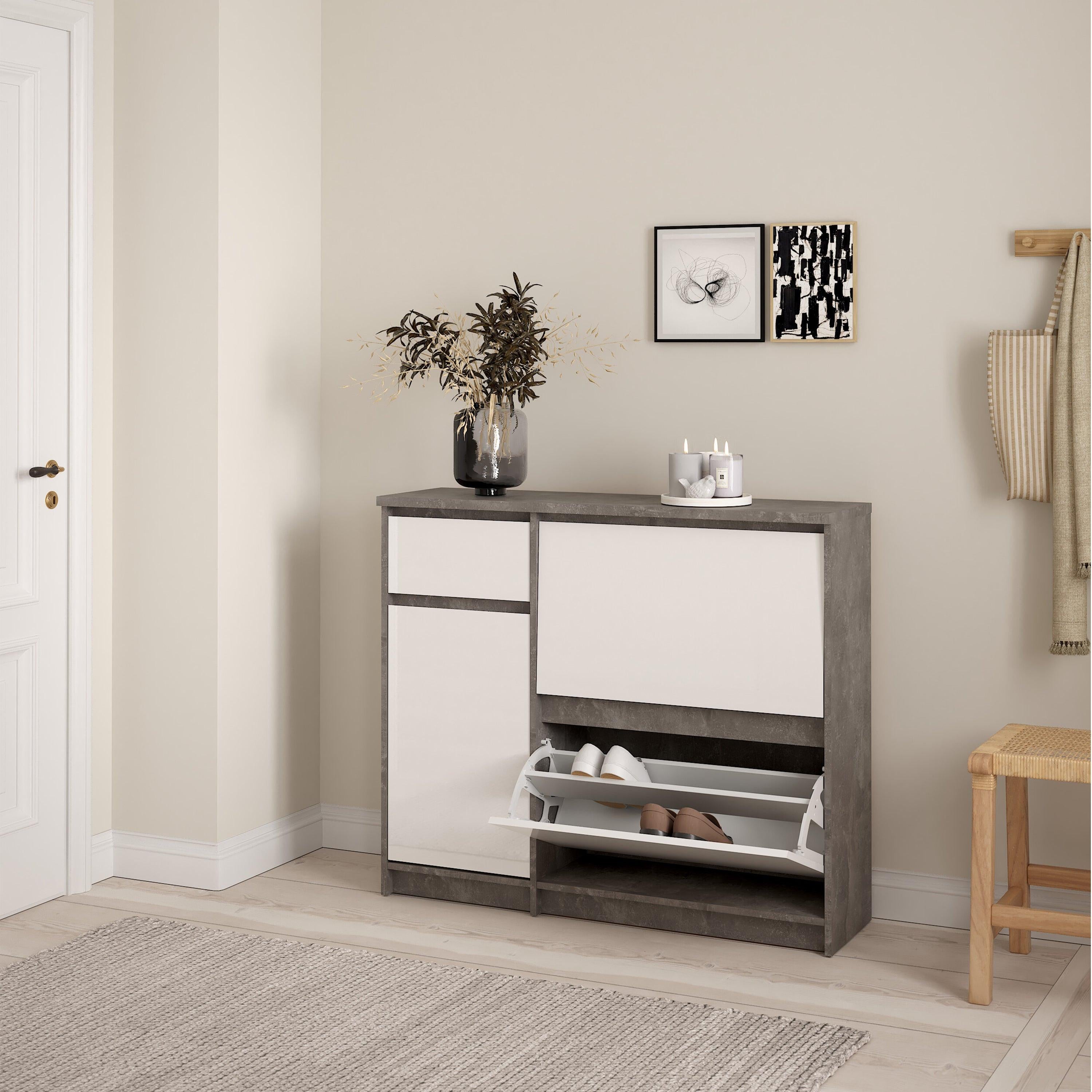 Naia Shoe Cabinet with 2 Flip Down Doors 1 Door and 1 Drawer in Concrete and White High Gloss - image 7