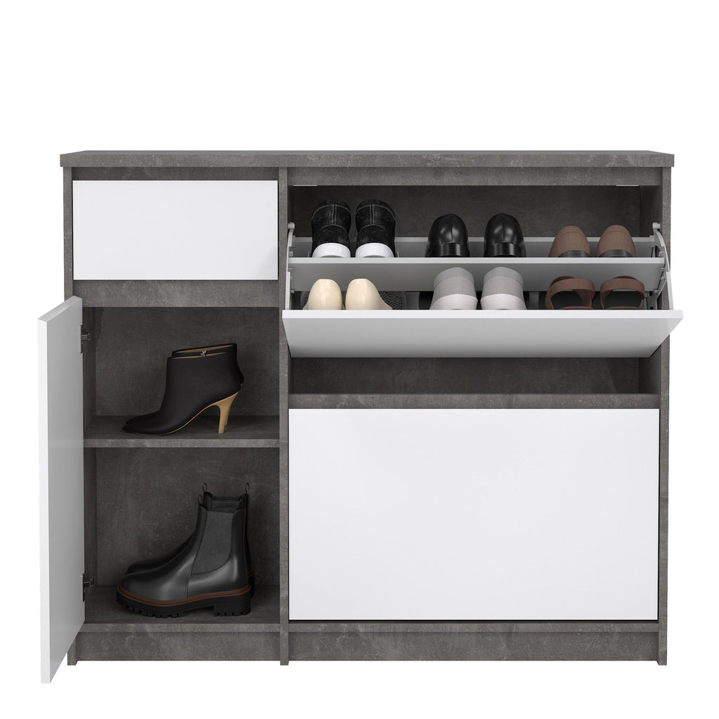 Naia Shoe Cabinet with 2 Flip Down Doors 1 Door and 1 Drawer in Concrete and White High Gloss - image 8