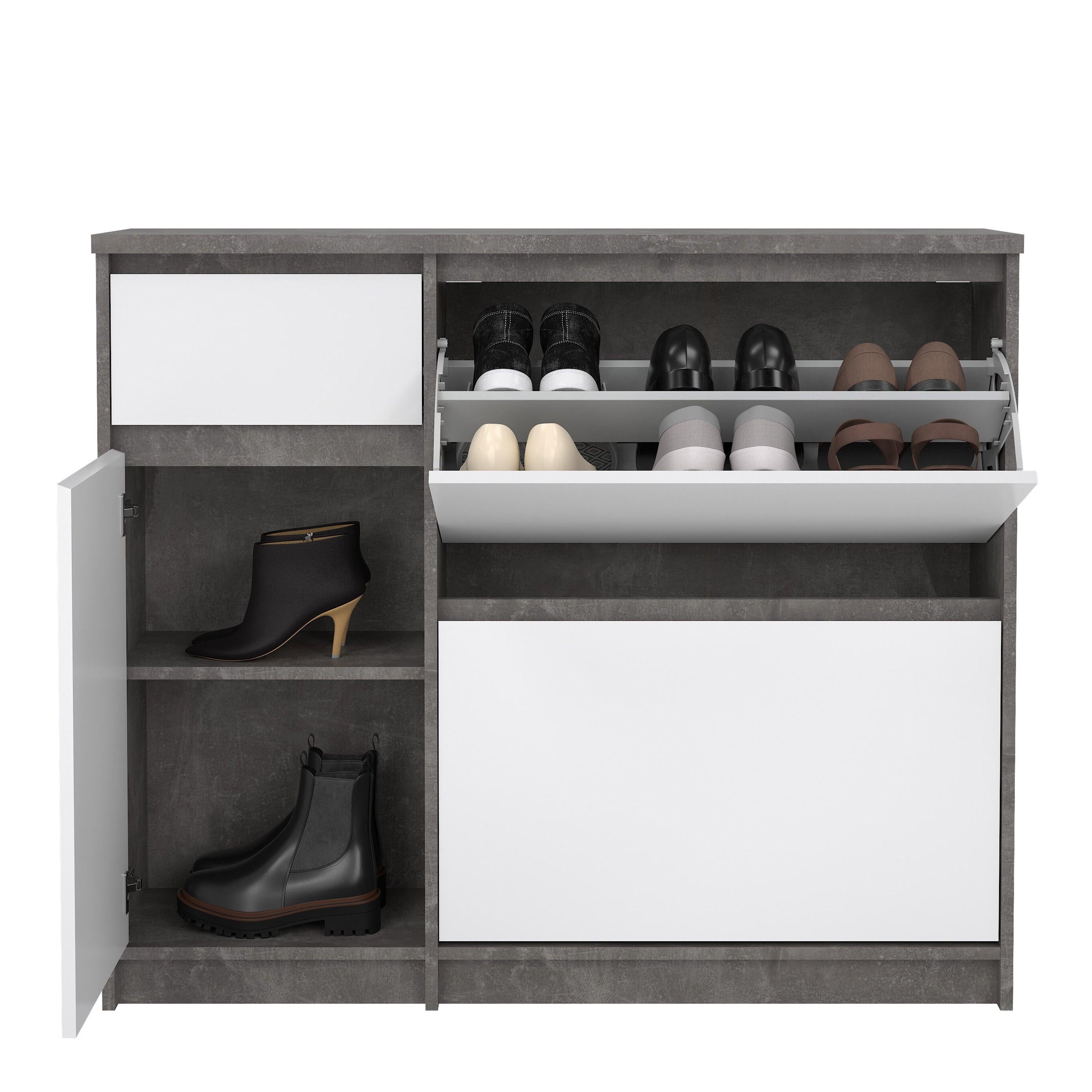 Naia Shoe Cabinet with 2 Flip Down Doors 1 Door and 1 Drawer in Concrete and White High Gloss - image 8