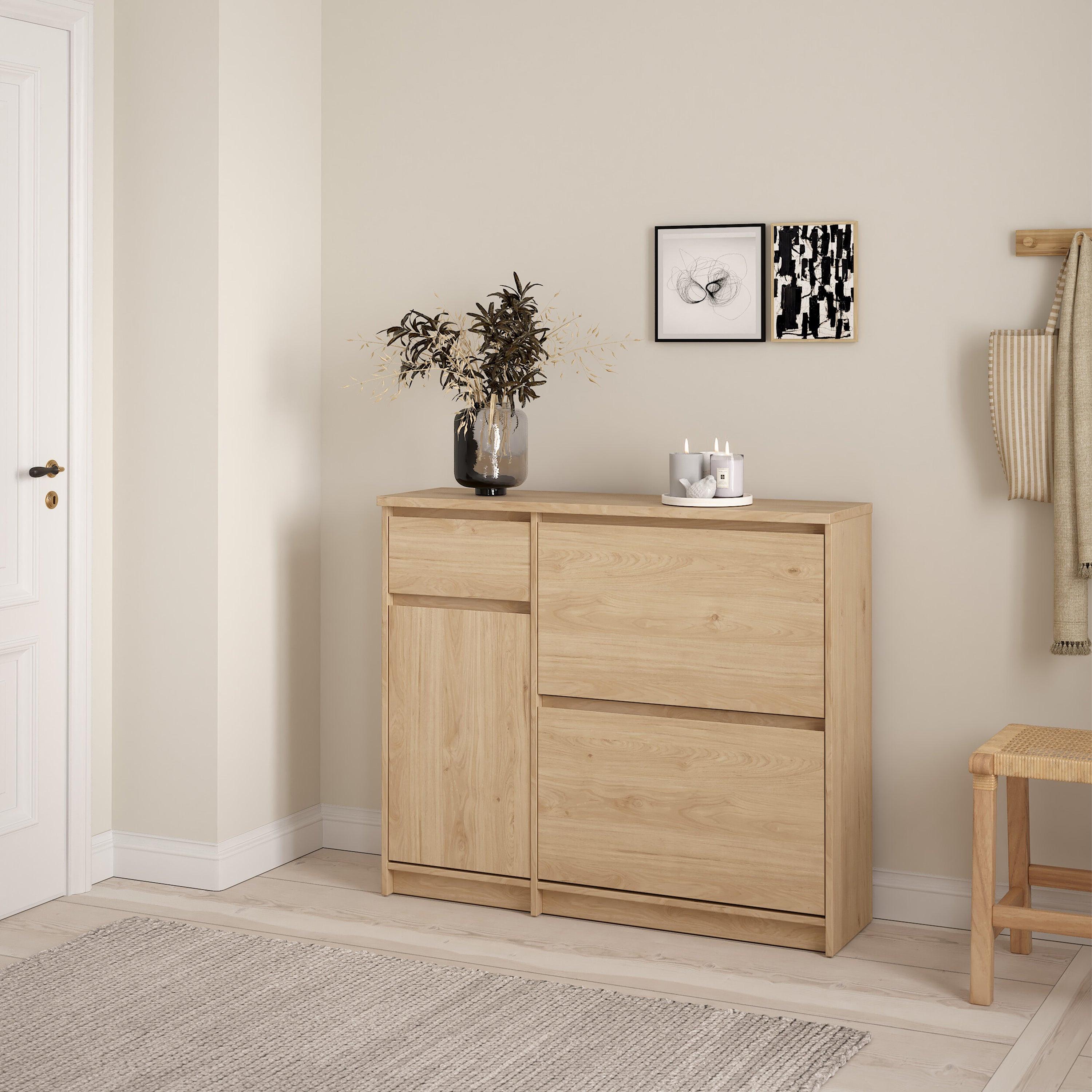 Naia Shoe Cabinet with 2 Flip Down Doors 1 Door and 1 Drawer in Jackson Hickory Oak - image 7