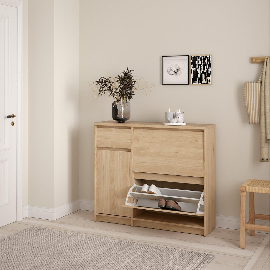 Naia Shoe Cabinet with 2 Flip Down Doors 1 Door and 1 Drawer in Jackson Hickory Oak - image 8