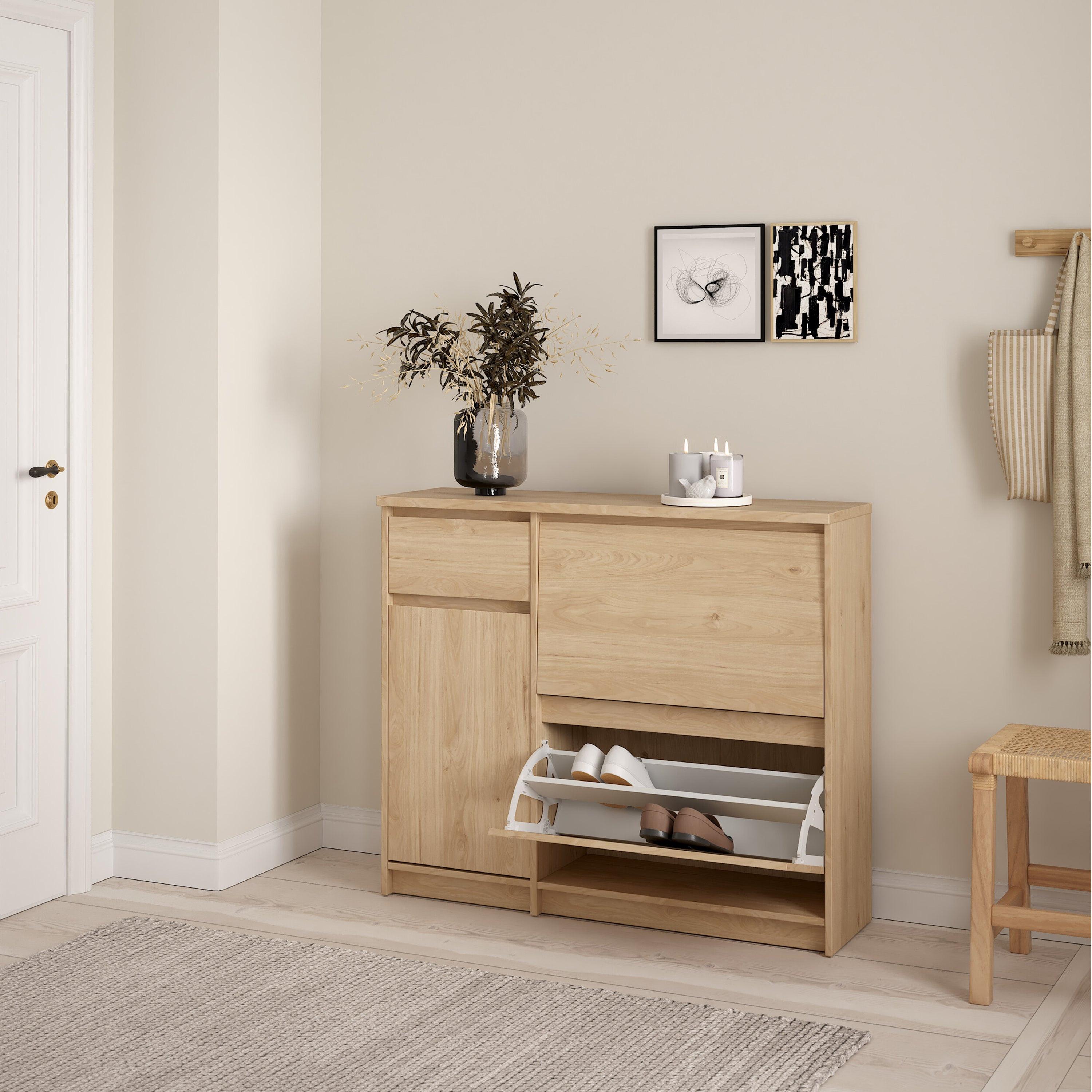 Naia Shoe Cabinet with 2 Flip Down Doors 1 Door and 1 Drawer in Jackson Hickory Oak - image 8
