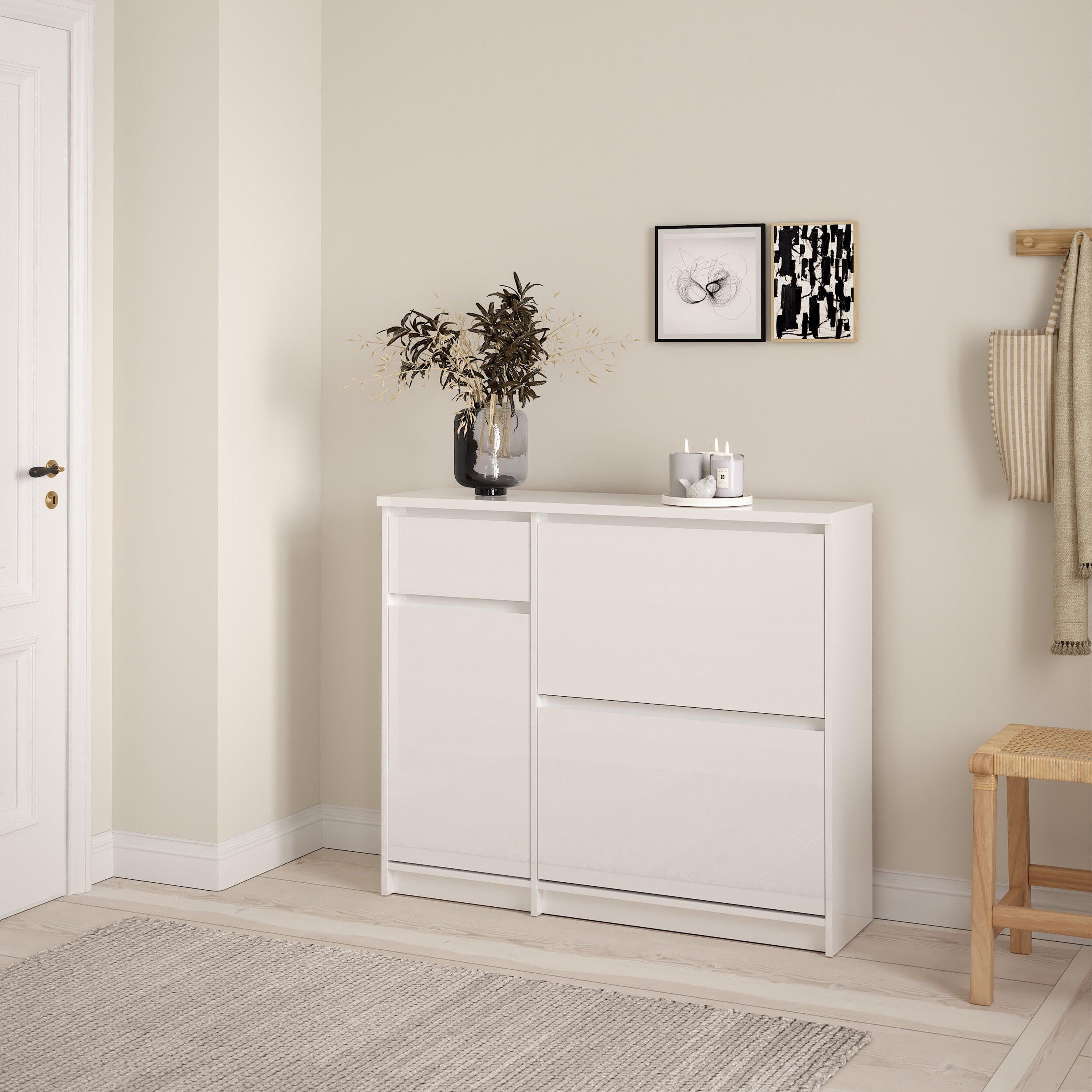 Naia Shoe Cabinet with 2 Flip Down Doors 1 Door and 1 Drawer in White High Gloss - image 7