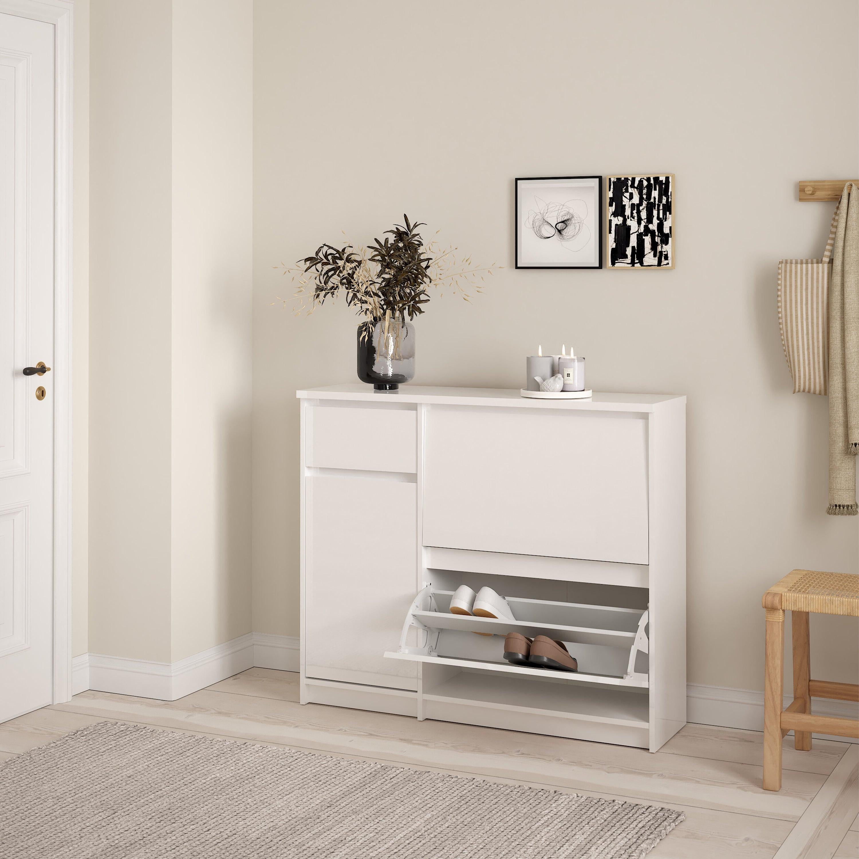 Naia Shoe Cabinet with 2 Flip Down Doors 1 Door and 1 Drawer in White High Gloss - image 8