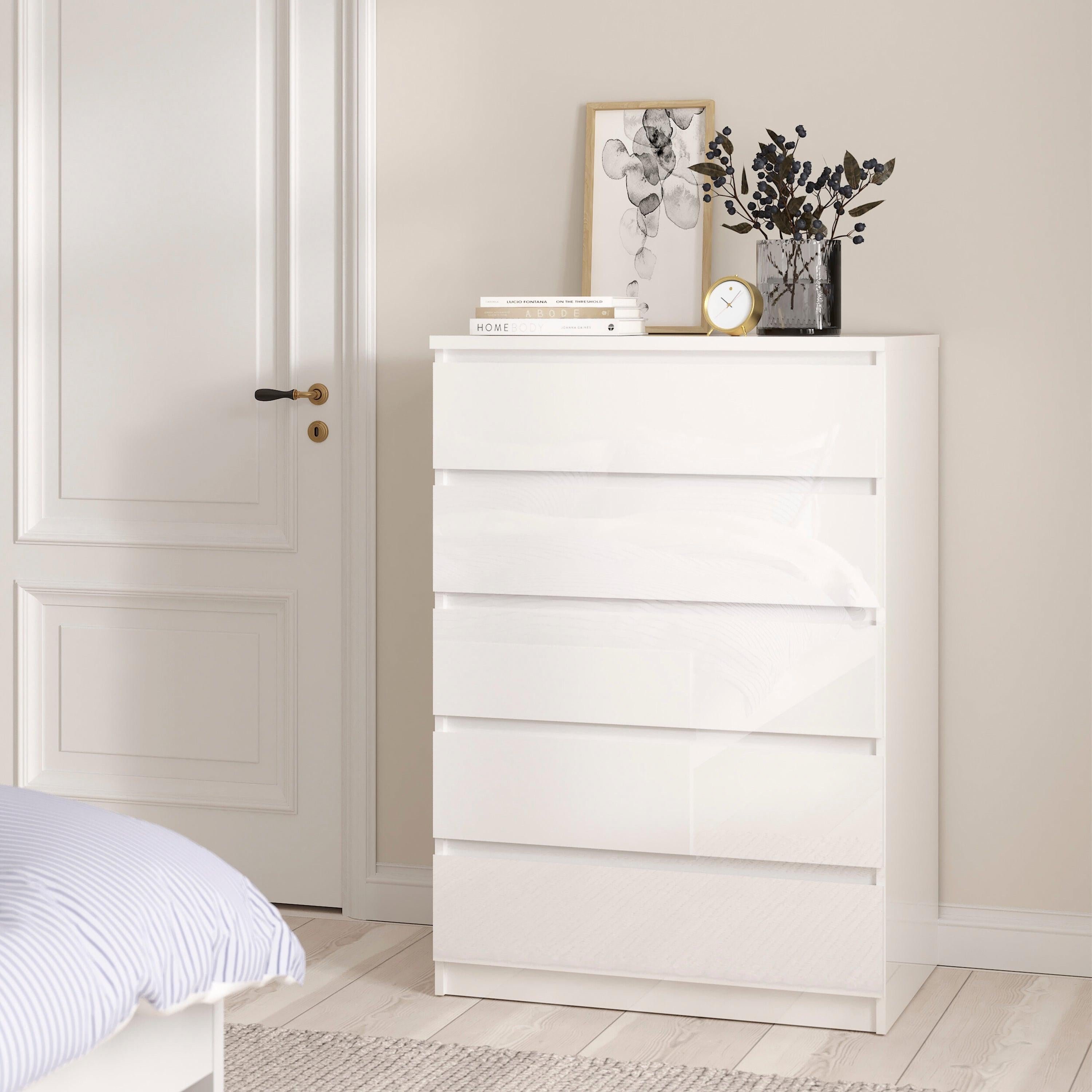 Naia Package - Bedside 3 Drawers + Chest of 5 Drawers + Wardrobe with 2 Doors + 1 Drawer in White High Gloss - image 7