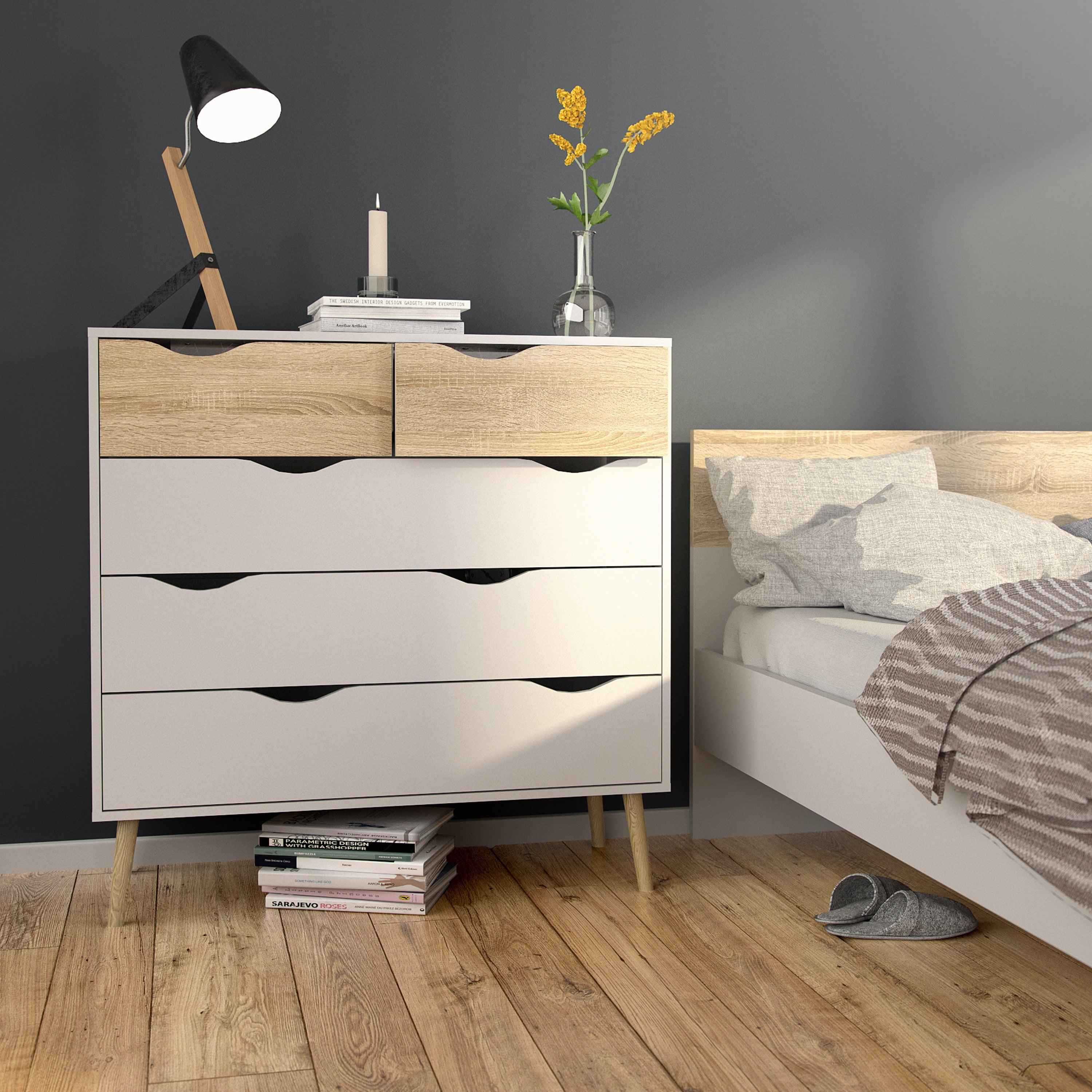Oslo Package - Bedside 1 Drawer + Chest of 5 Drawers (2+3) + Wardrobe 2 Doors 2 Drawers in White and Oak - image 7
