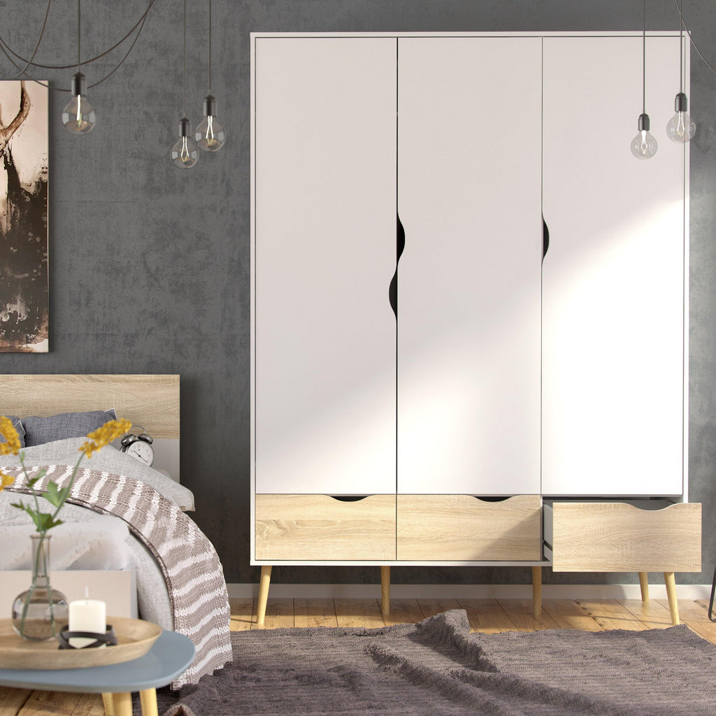 Oslo Package - Bedside 1 Drawer + Chest of 5 Drawers (2+3) + Wardrobe 3 Doors 3 Drawers in White and Oak - image 10