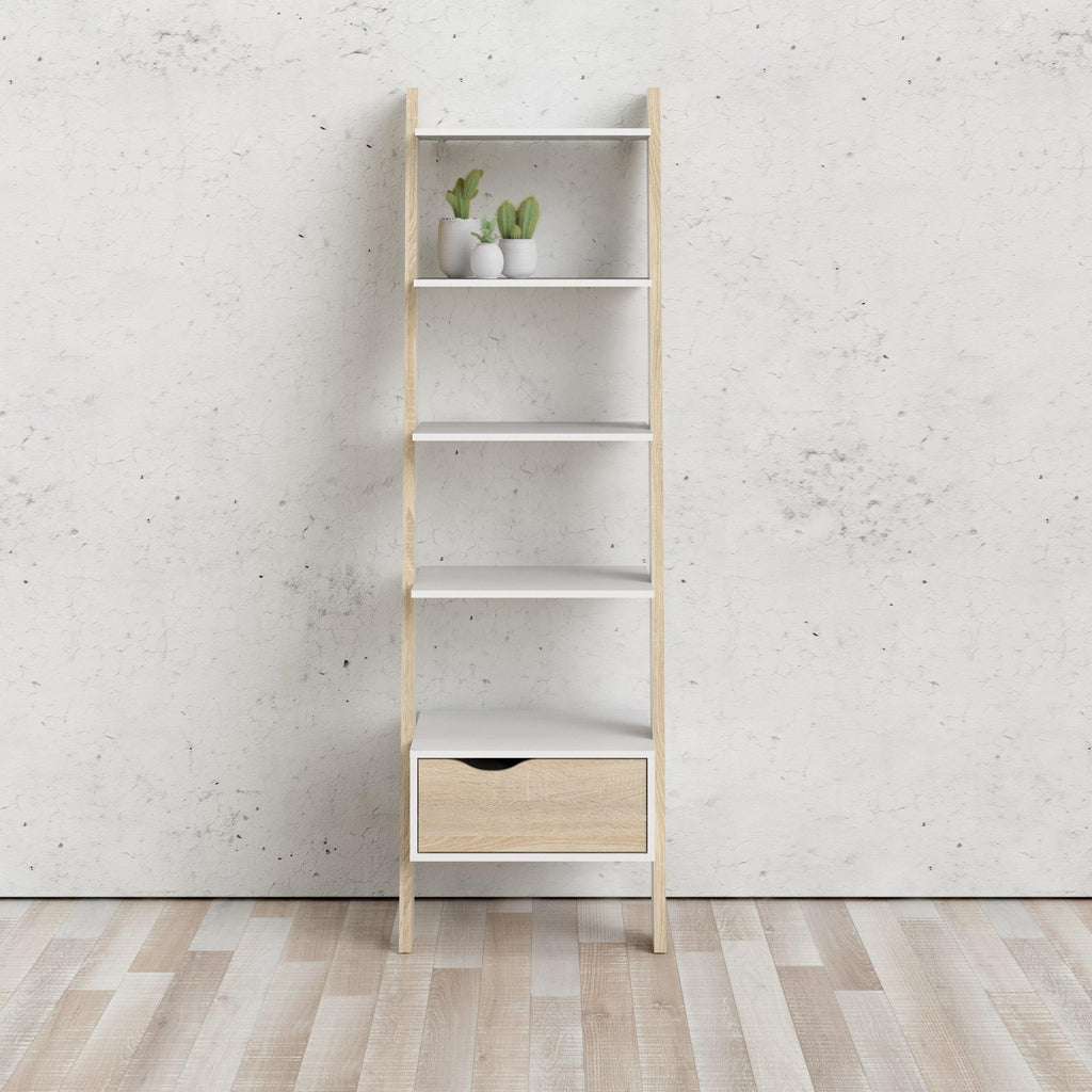 Oslo Leaning Bookcase 1 Drawer in White and Oak - image 5