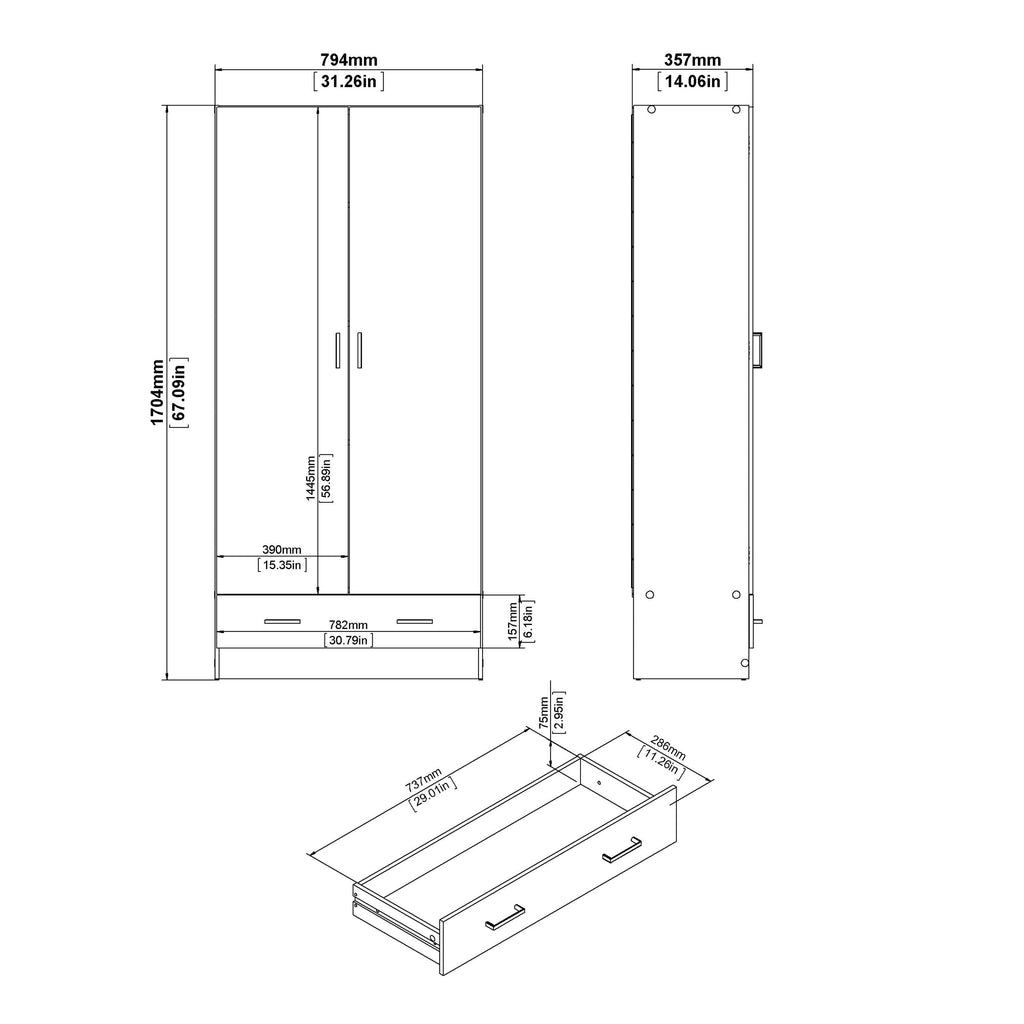Space Wardrobe with 2 Doors + 1 Drawer in White 1750 - image 11