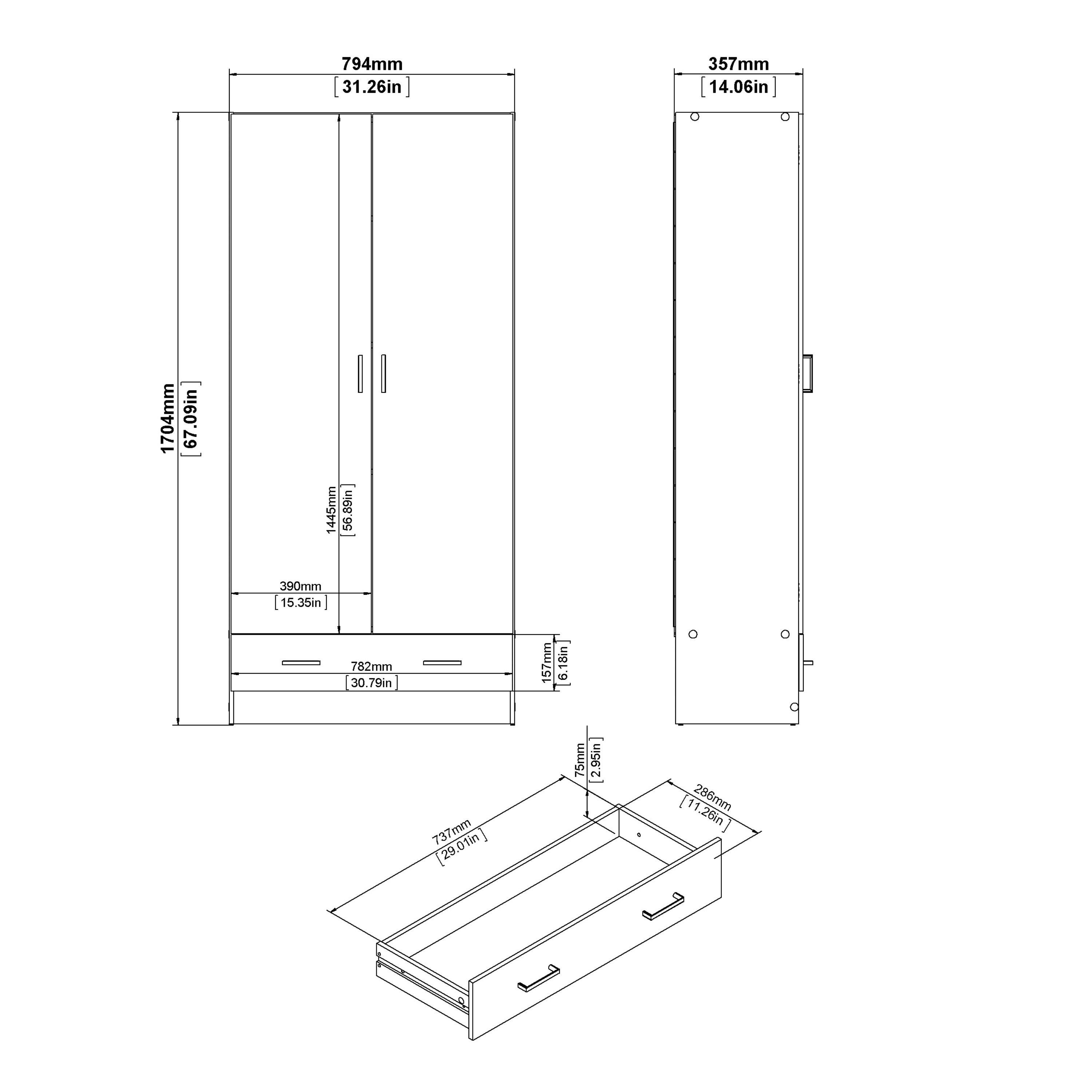 Space Wardrobe with 2 Doors + 1 Drawer in White 1750 - image 11