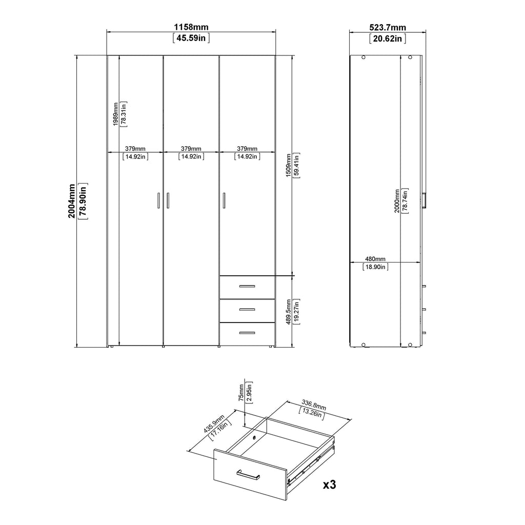 Space Wardrobe 3 Doors 3 Drawers in White 2000 - image 10