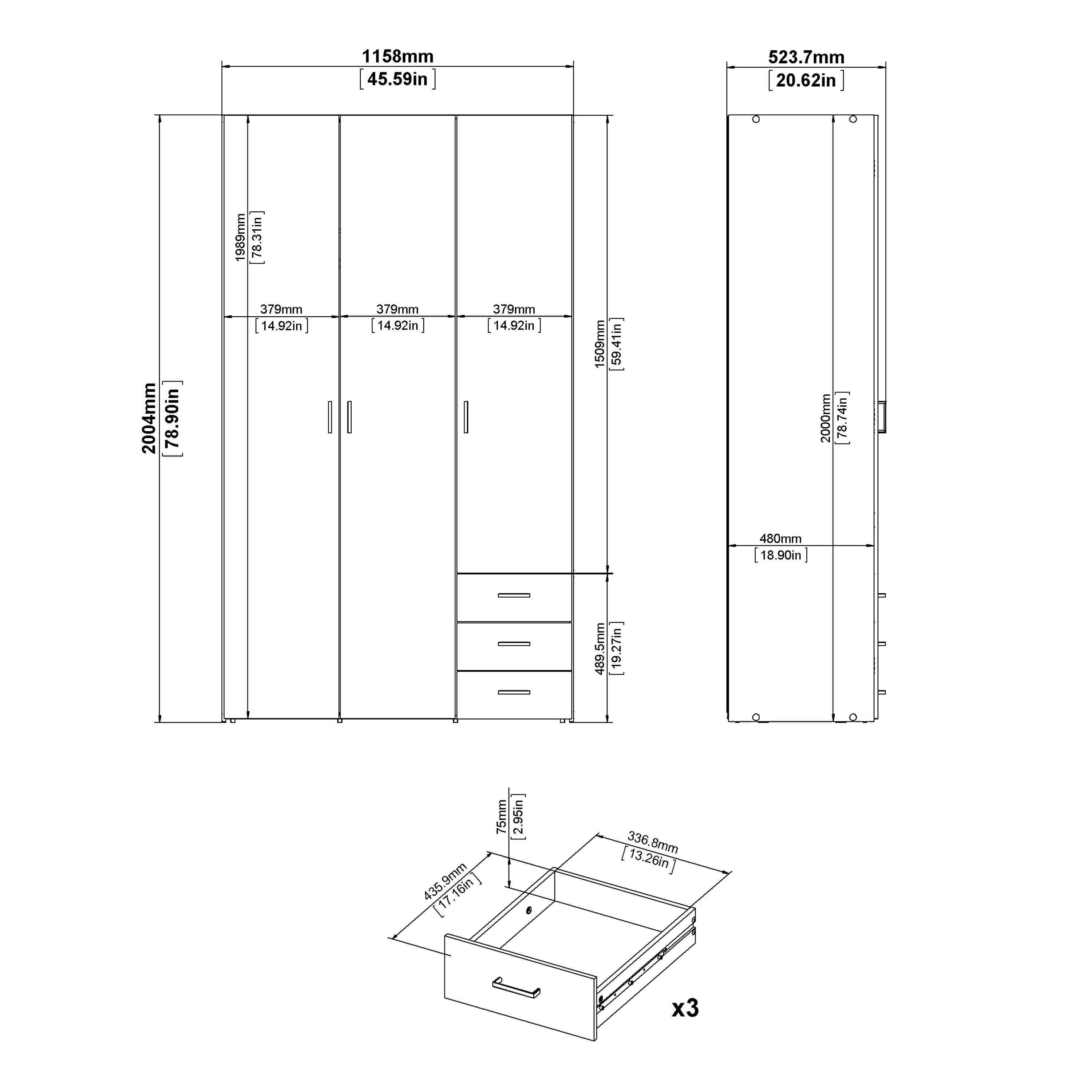 Space Wardrobe 3 Doors 3 Drawers in White 2000 - image 10