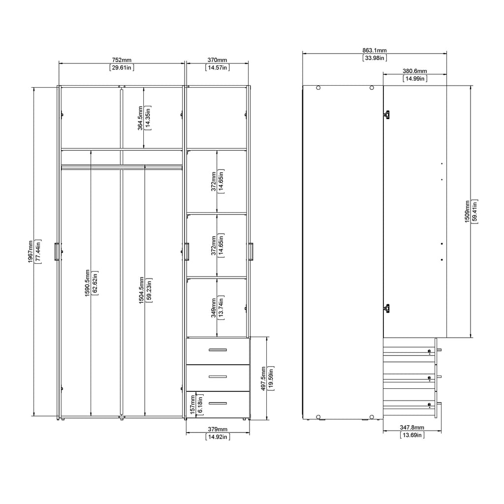 Space Wardrobe 3 Doors 3 Drawers in White 2000 - image 11