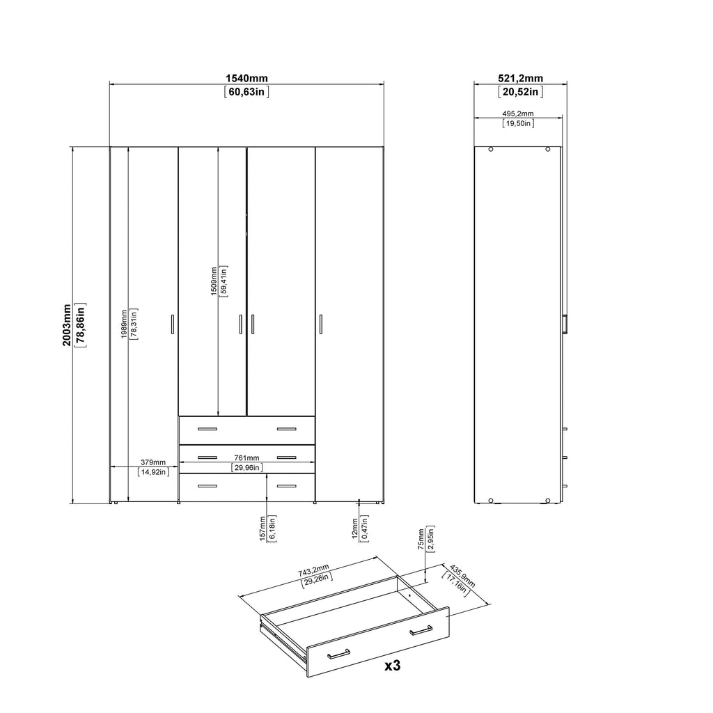 Space Wardrobe 4 Doors 3 Drawers in Oak 2000 - image 11