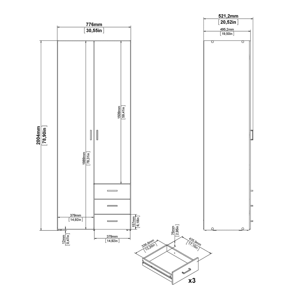 Space Wardrobe 2 Doors 3 Drawers in White 2000 - image 10