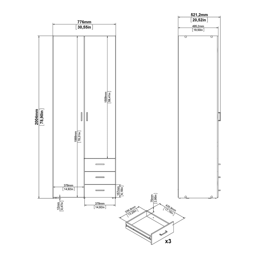 Space Wardrobe 2 Doors 3 Drawers in Oak 2000 - image 13