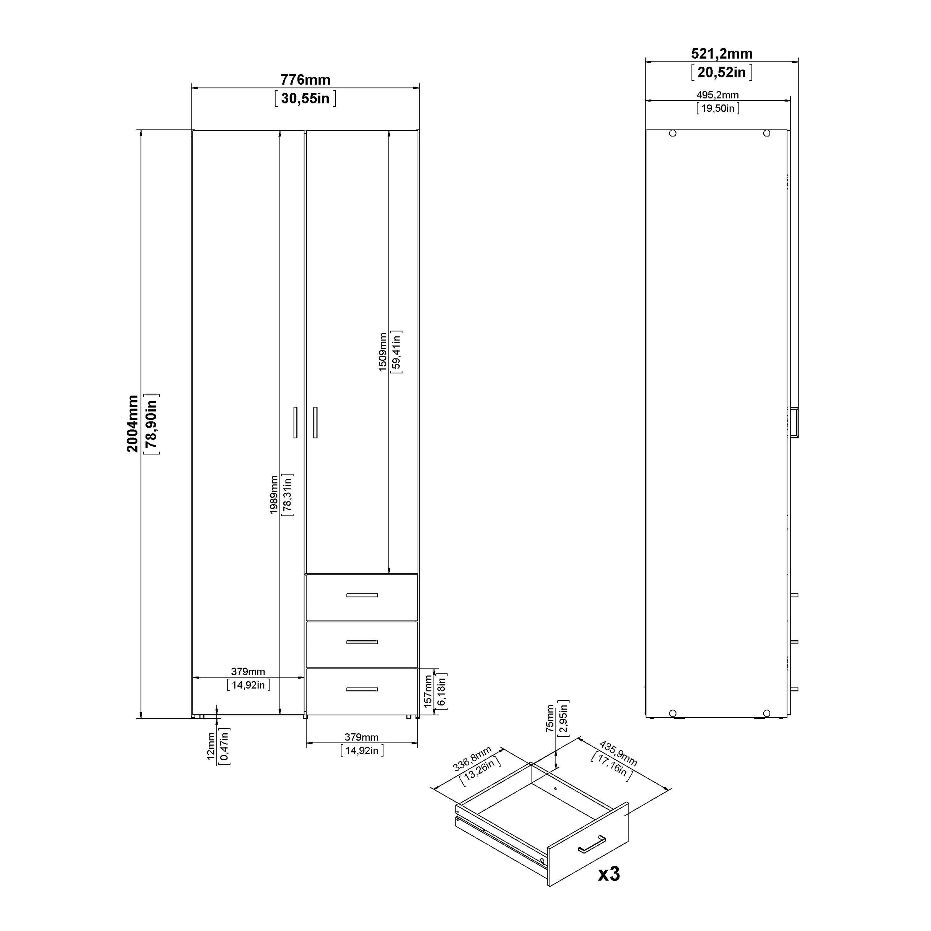 Space Wardrobe 2 Doors 3 Drawers in Oak 2000 - image 13
