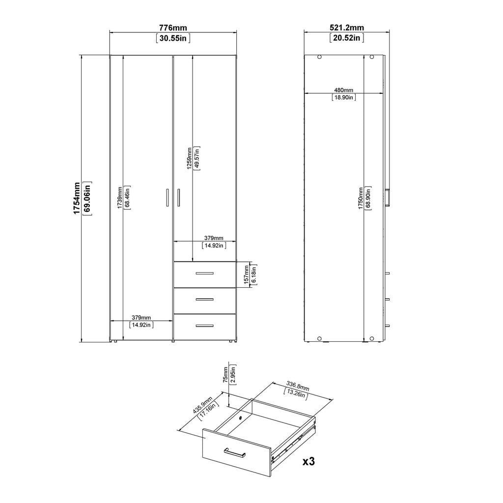 Space Wardrobe 2 Doors 3 Drawers White 1750 - image 11