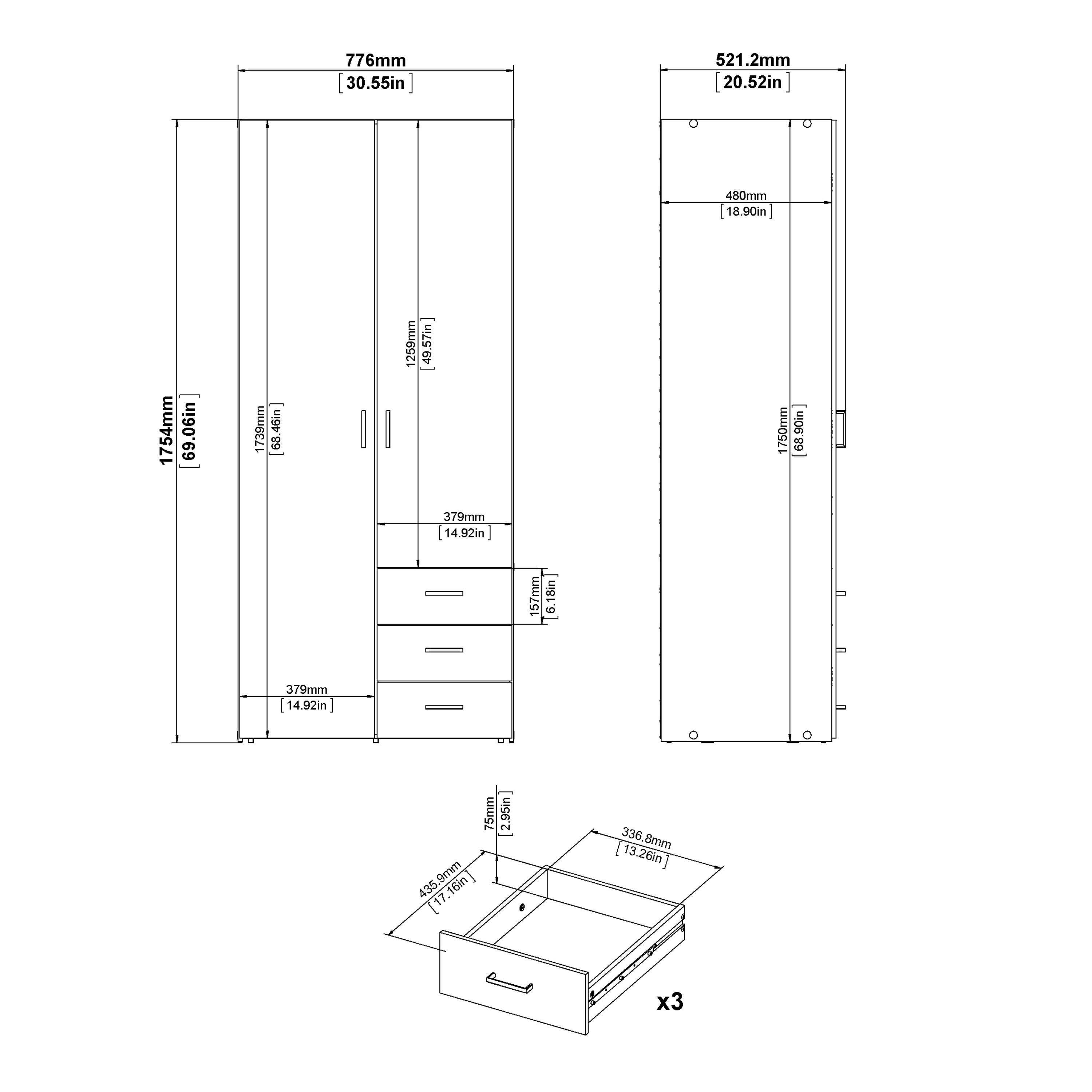 Space Wardrobe 2 Doors 3 Drawers White 1750 - image 11